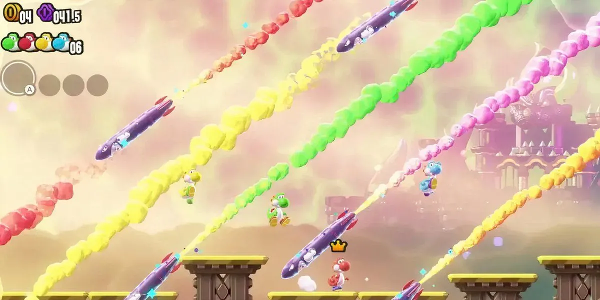 Các nhân vật Yoshi nhảy qua tên lửa trong game Super Mario Bros. Wonder