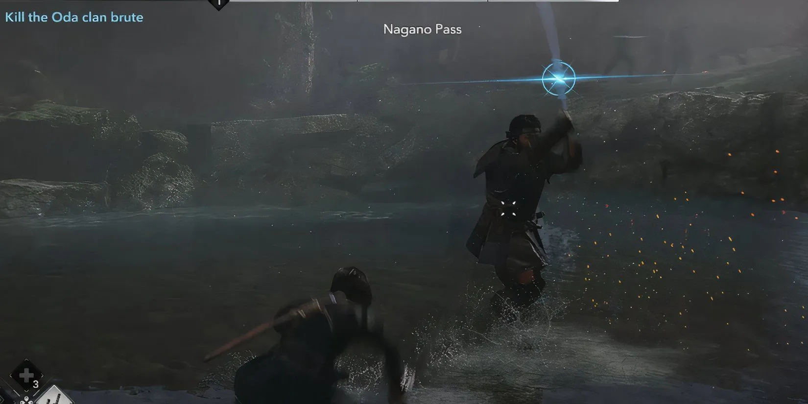 Các tia sáng xanh lam chỉ báo thời điểm đỡ đòn trong Assassins Creed Shadows