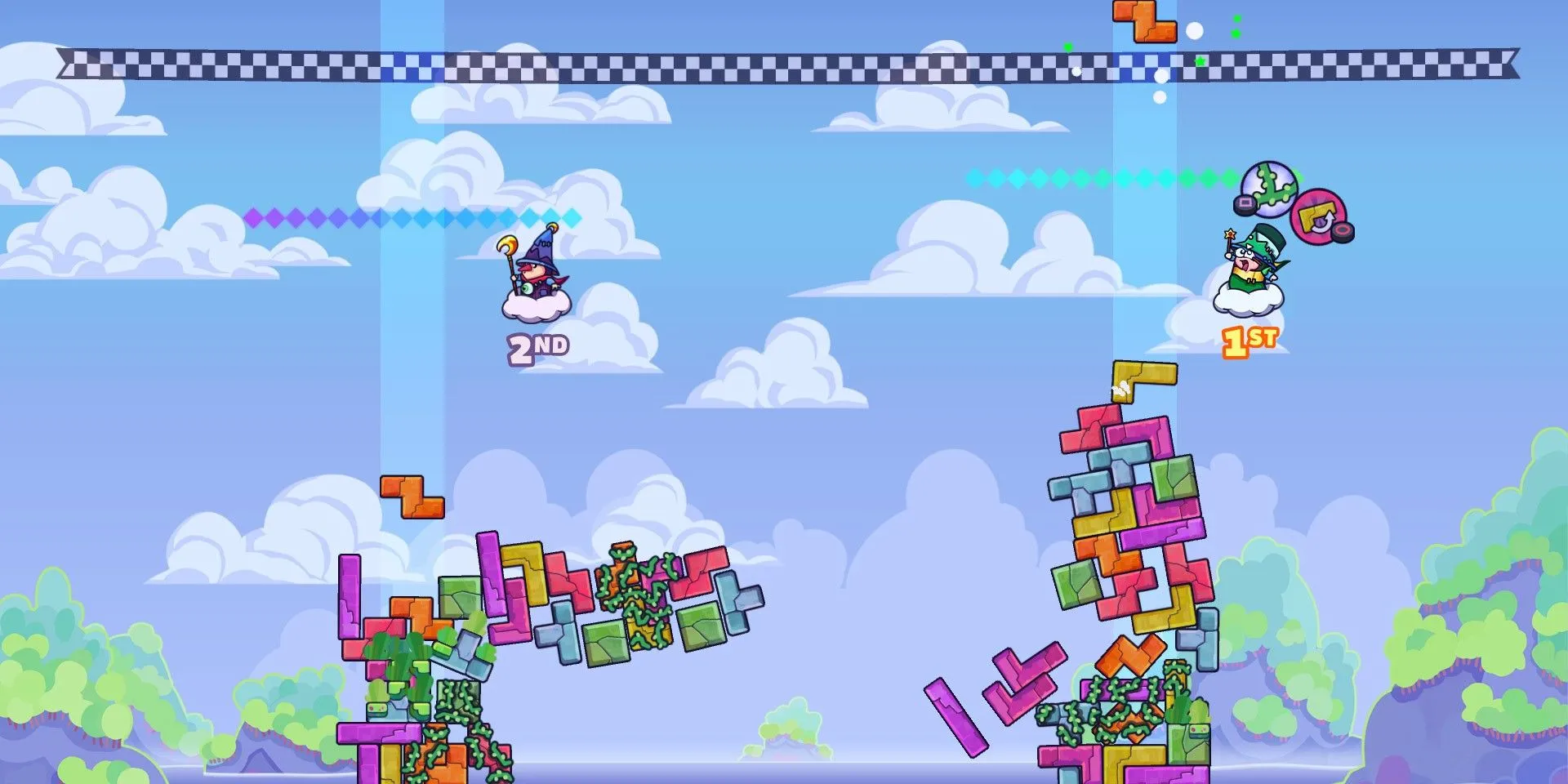 Các tòa tháp làm từ khối Tetris trong Tricky Towers đang lung lay và sụp đổ