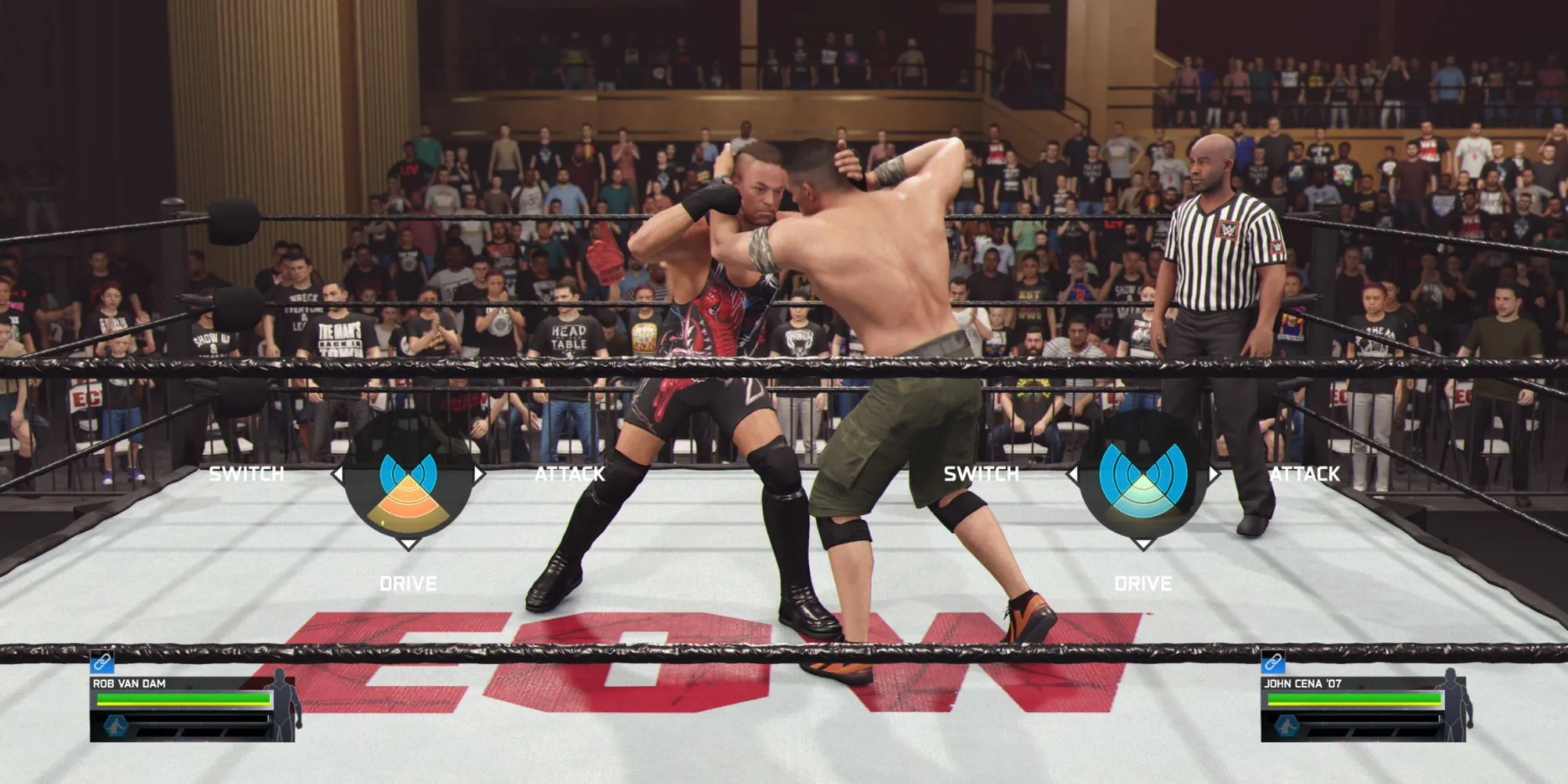 Các tùy chọn động tác trong chain wrestling WWE 2K25 như đẩy, chuyển thế, siết