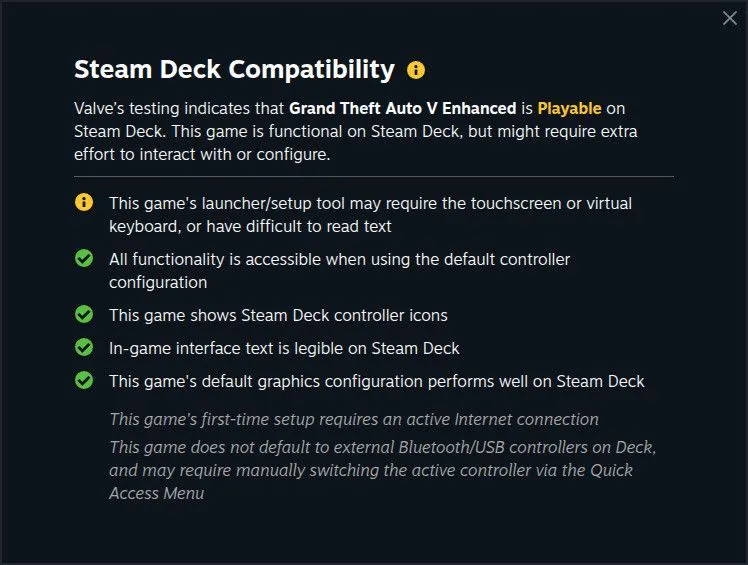 Cảnh báo từ Steam về vấn đề tương thích khi chơi GTA V trên Steam Deck