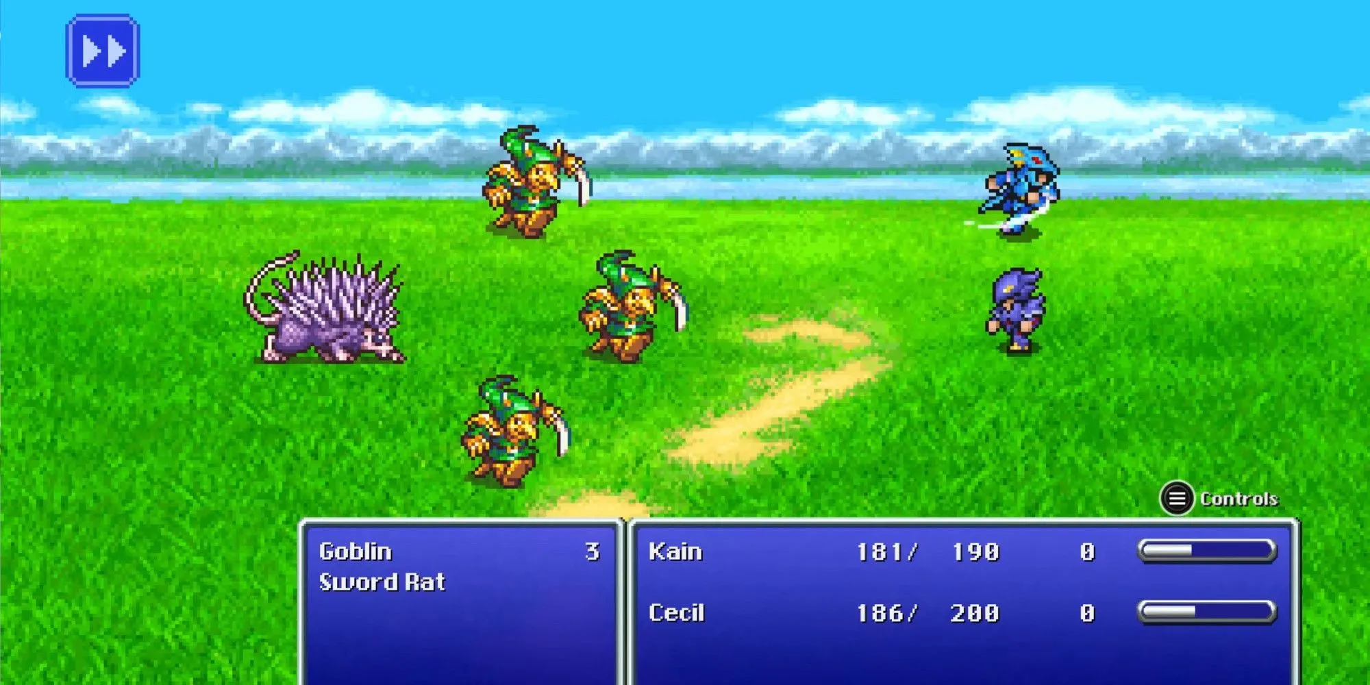 Cảnh chiến đấu ngẫu nhiên trong Final Fantasy IV bản Pixel Remaster, hiển thị giao diện và các nhân vật chính