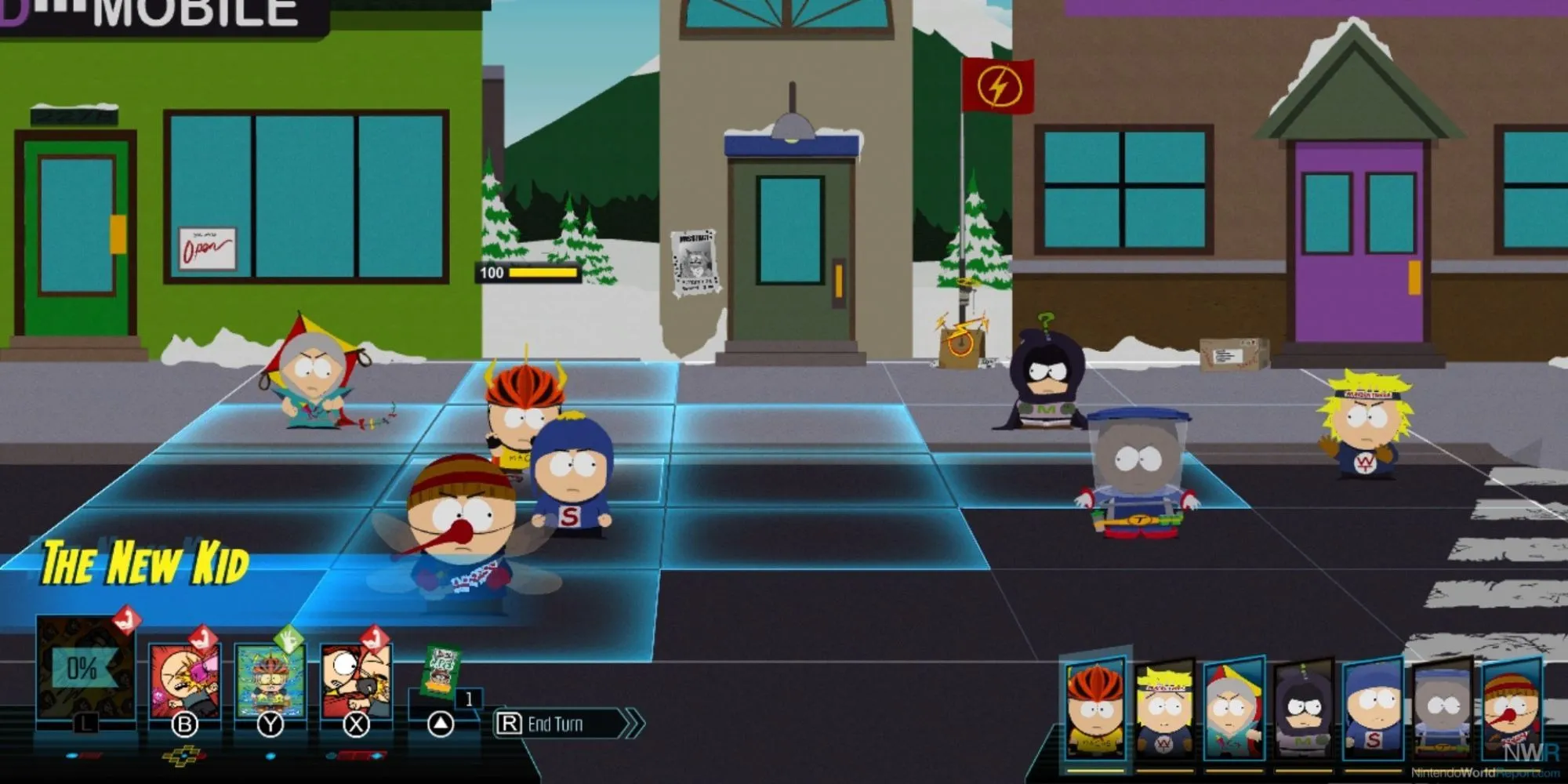 Cảnh chiến đấu theo lượt trong South Park: The Fractured But Whole với các nhân vật trong trang phục siêu anh hùng