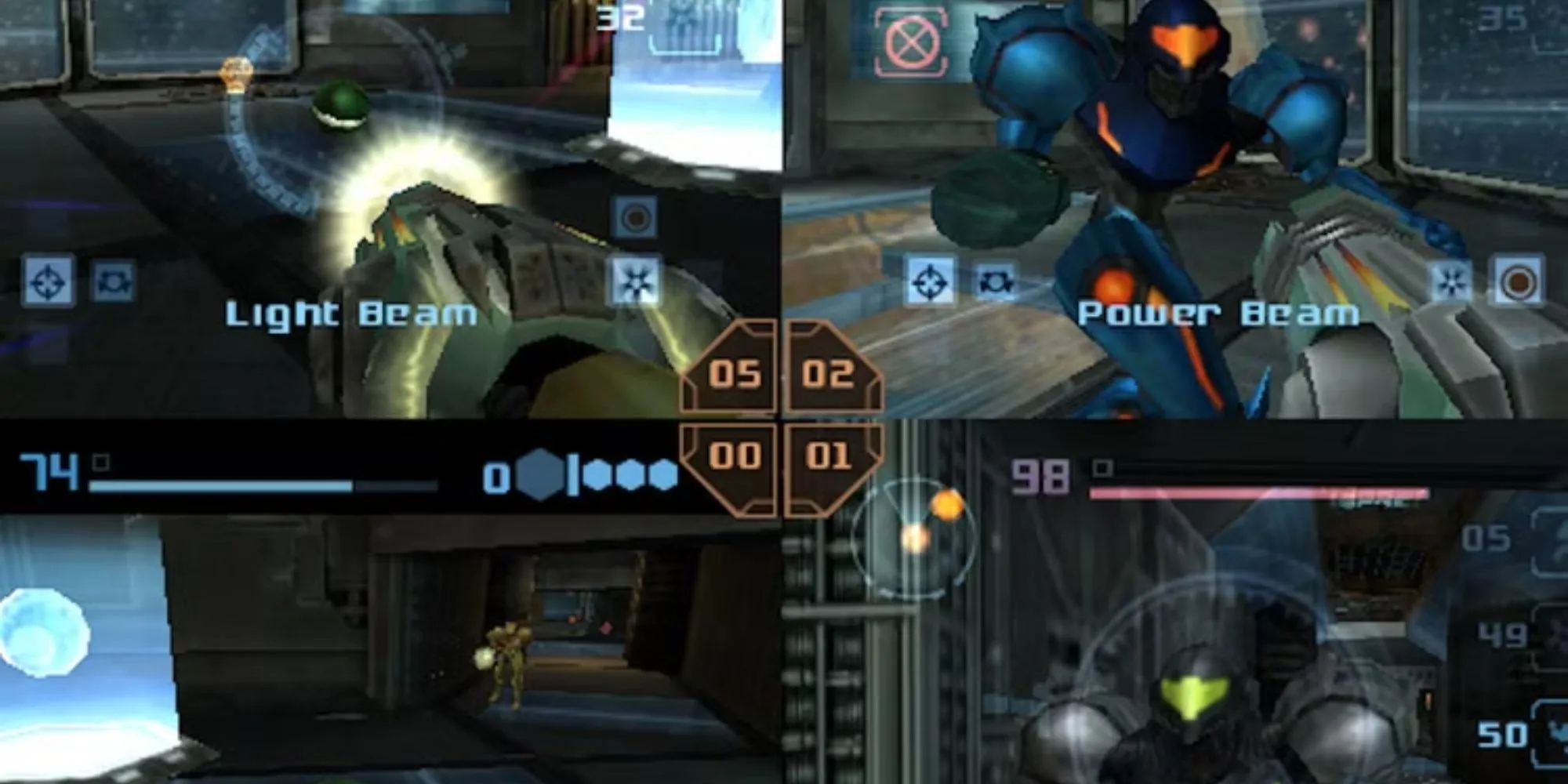 Cảnh chiến đấu trong chế độ multiplayer của Metroid Prime 2 Echoes