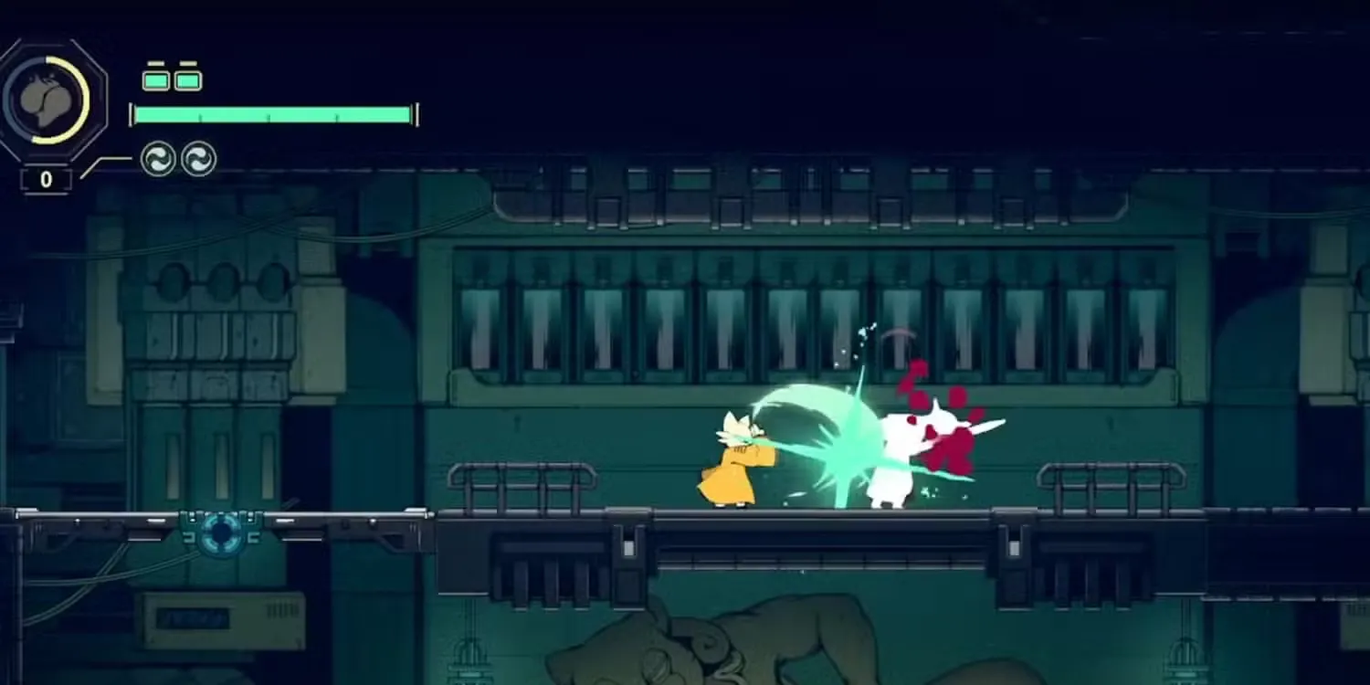 Cảnh chiến đấu trong Nine Sols, một tựa game Soulslike pha trộn Metroidvania với đồ họa vẽ tay
