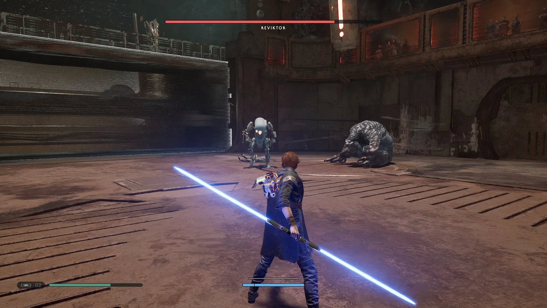 Cảnh chiến đấu trong Star Wars Jedi: Fallen Order, hiển thị Cal Kestis sử dụng lightsaber chống lại kẻ địch