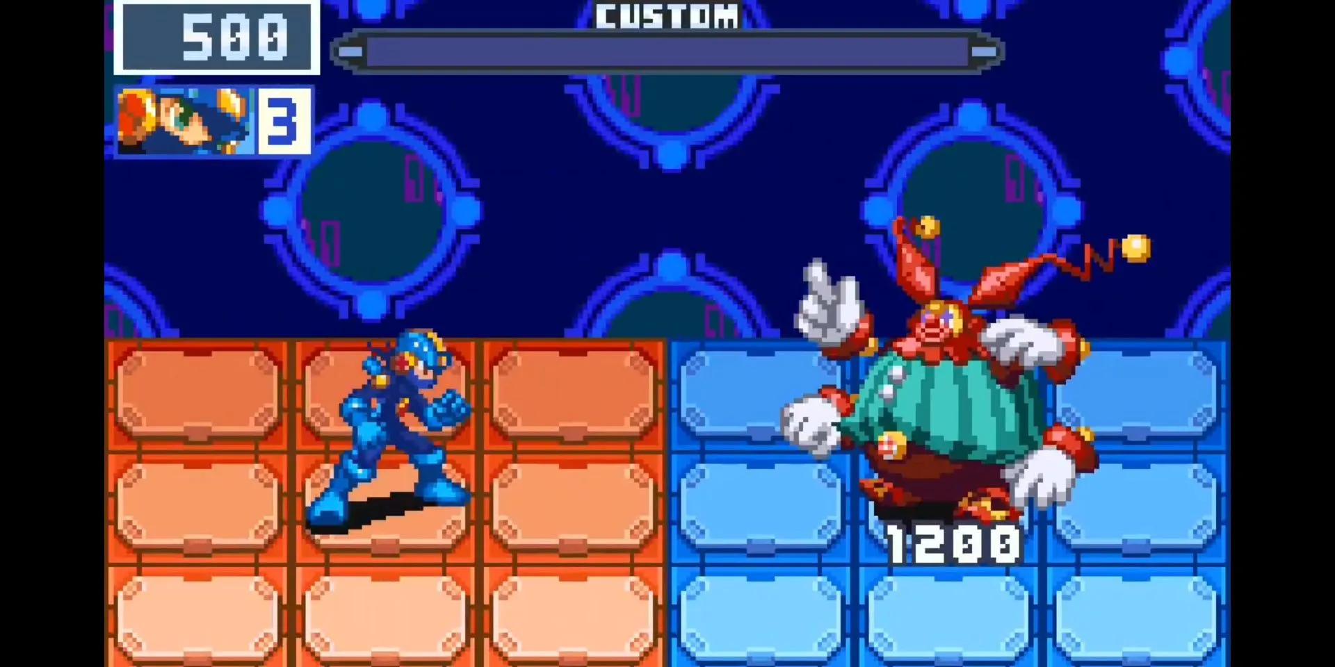 Cảnh chiến đấu với Navi CircusMan.exe trong Mega Man Battle Network 6