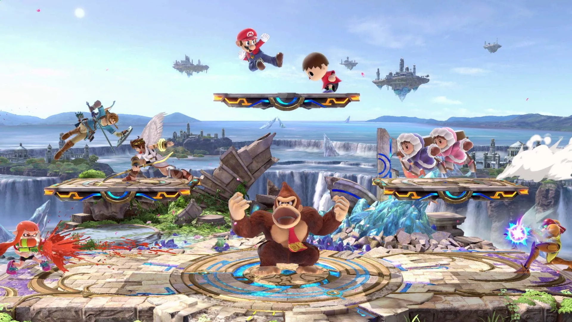 Cảnh chiến đấu với nhiều nhân vật trong Super Smash Bros. Ultimate