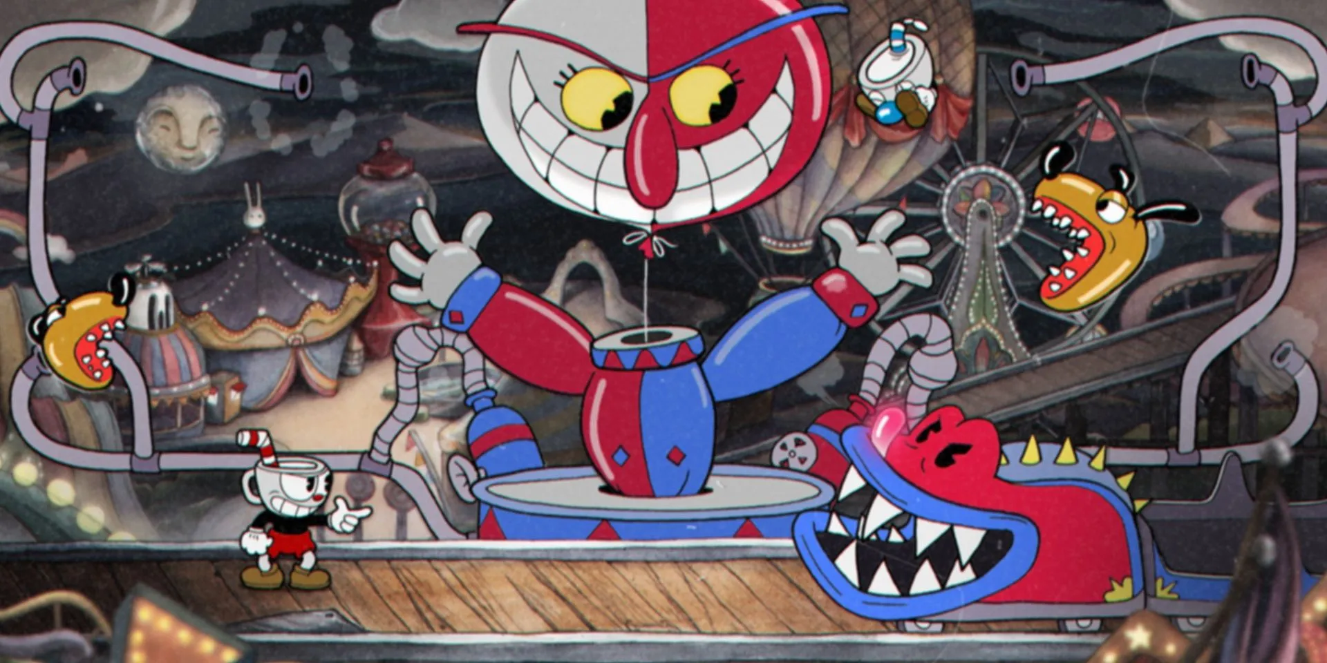 Cảnh chiến đấu với trùm Beppi the Clown trong game Cuphead