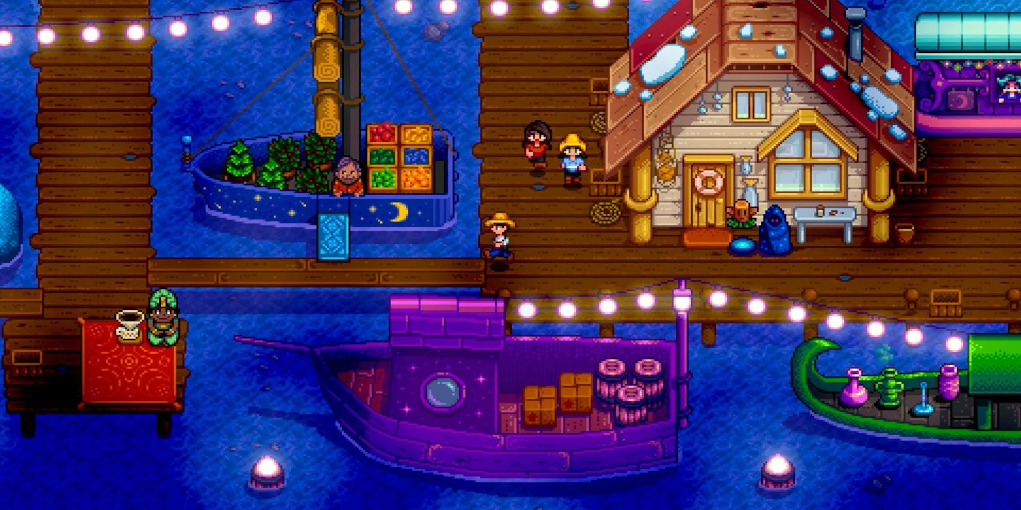 Cảnh chợ đêm trong Stardew Valley với nhiều thuyền và quầy hàng, hoạt động cộng đồng nổi bật và thu hút
