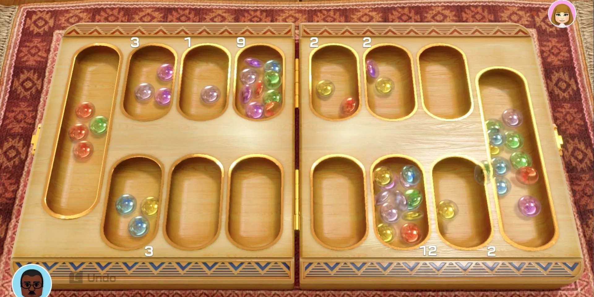 Cảnh chơi cờ Mancala trong Clubhouse Games: 51 Worldwide Classics