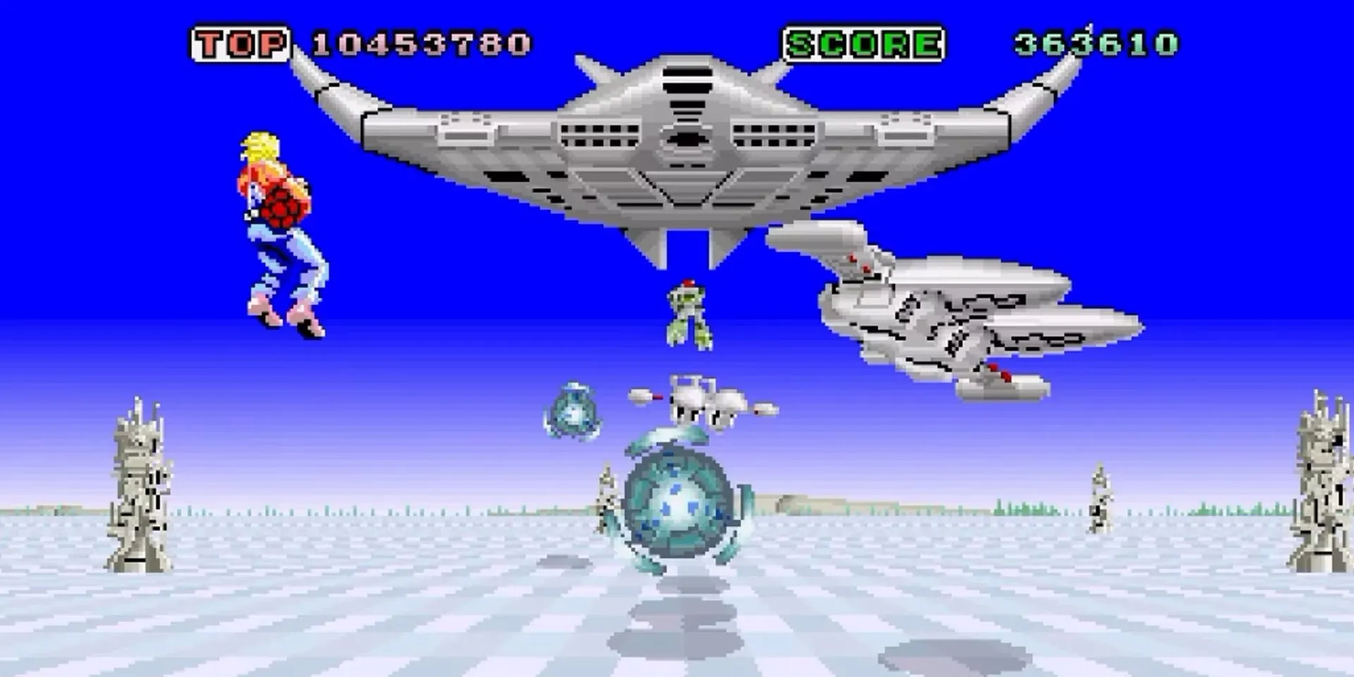 Cảnh chơi game bắn súng theo ray Space Harrier