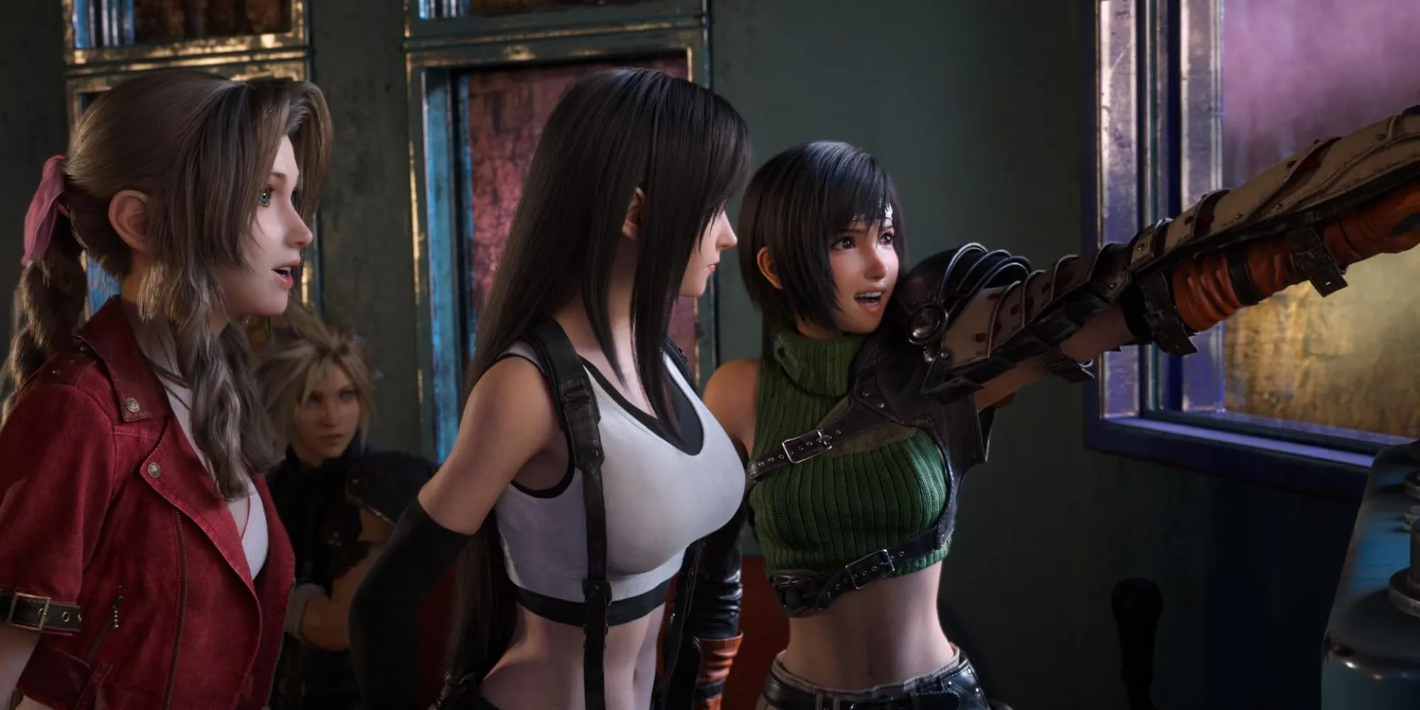Cảnh Cloud và nhóm bạn tại Gold Saucer trong Final Fantasy VII Rebirth, tựa game có công nghệ lip-sync tân tiến.