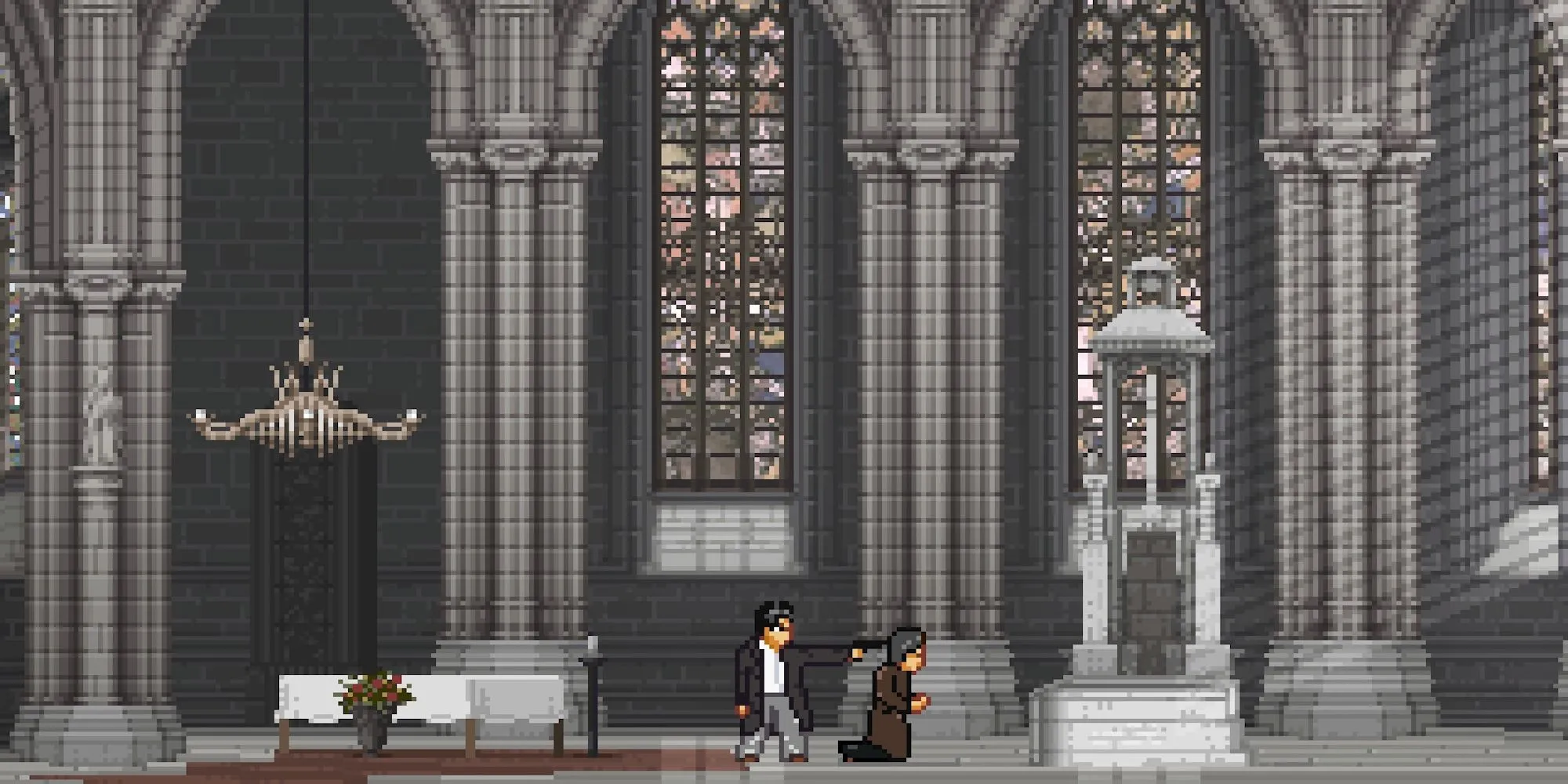 Cảnh game 2D với đồ họa pixel art, nhân vật chính bắn súng trong Arrest of a Stone Buddha