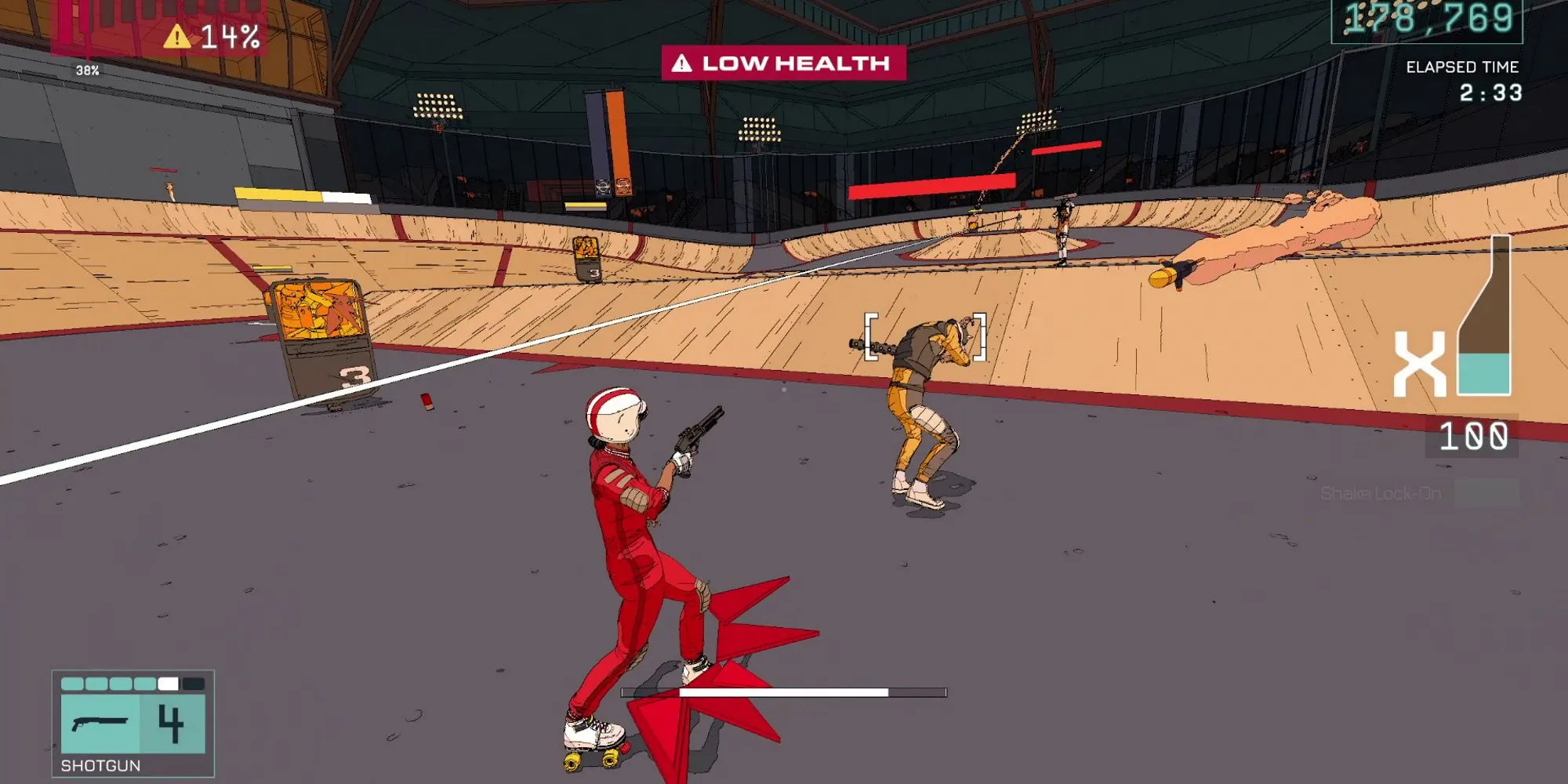 Cảnh gameplay trong Rollerdrome với nhân vật chính đang né tránh nhiều đòn tấn công cùng lúc