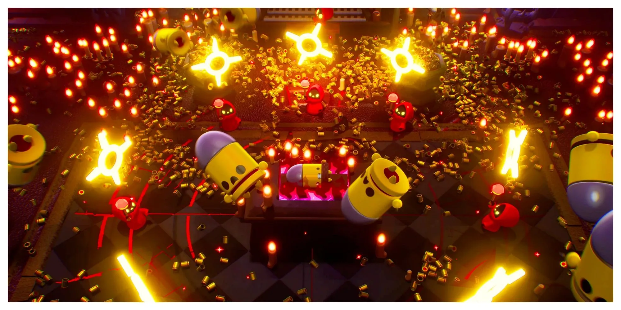 Cảnh hành động điên cuồng với nhân vật và quái vật kiểu đạn trong Enter the Gungeon 2 trên Switch 2