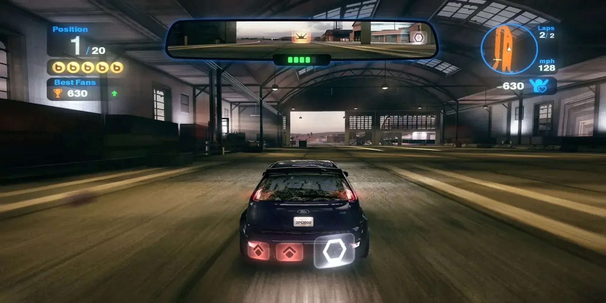 Cảnh hành động kịch tính trong game đua xe Blur với nhiều ô tô hiện đại đang chiến đấu và sử dụng power-ups trên đường đua.