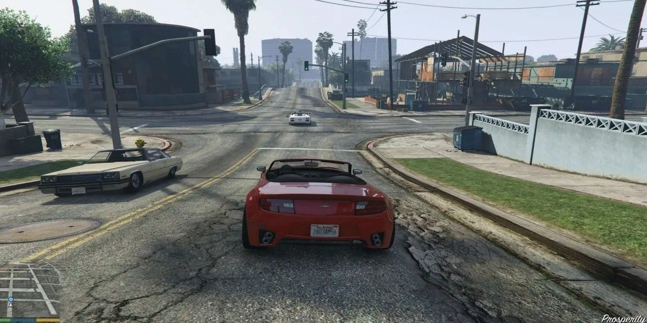 Cảnh lái xe cẩn thận trên đường phố Los Santos trong GTA 5