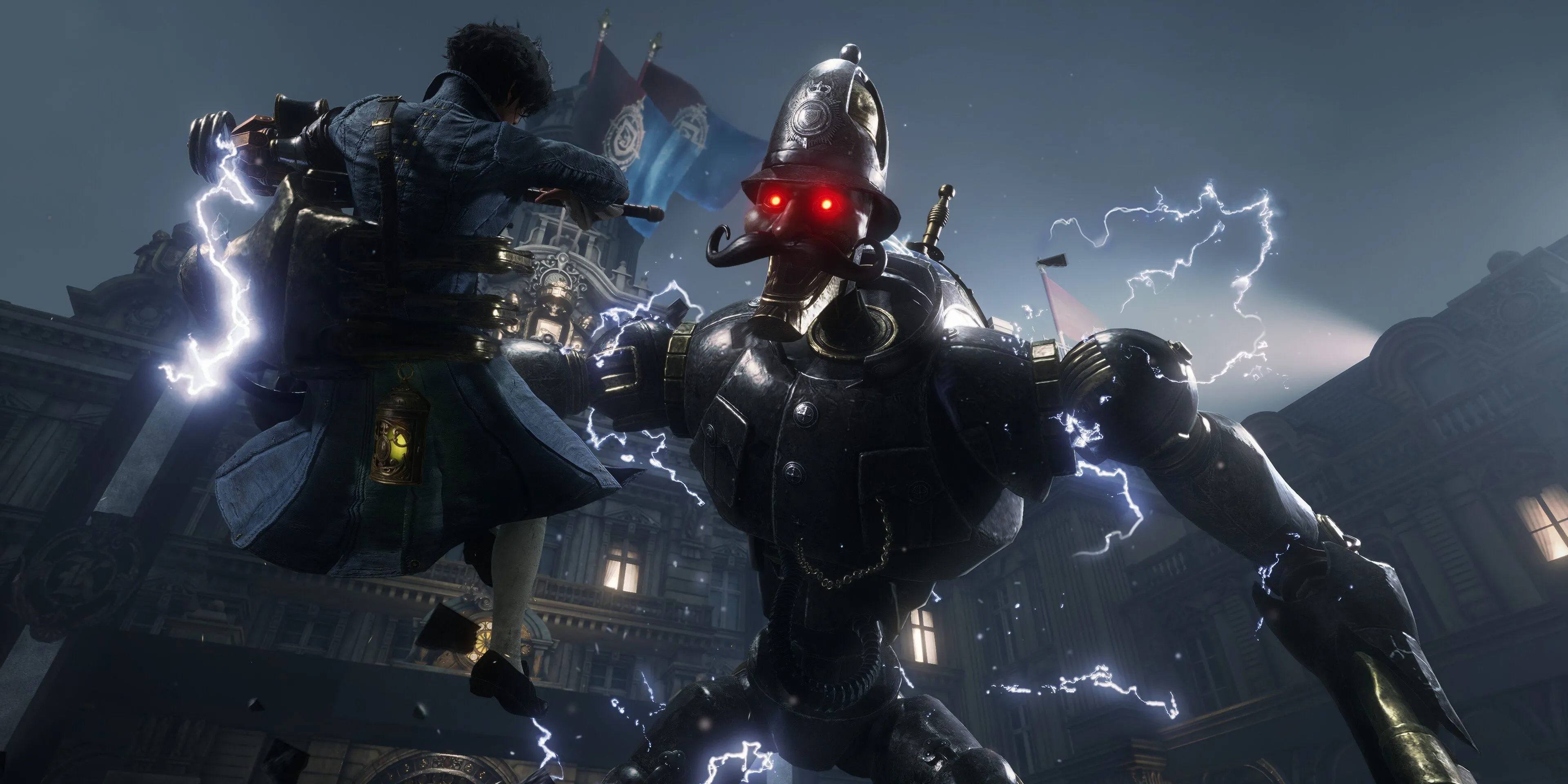 Cảnh nhân vật P chiến đấu với boss Scrapped Watchman trong Lies of P, minh họa gameplay Souls-like đầy thử thách