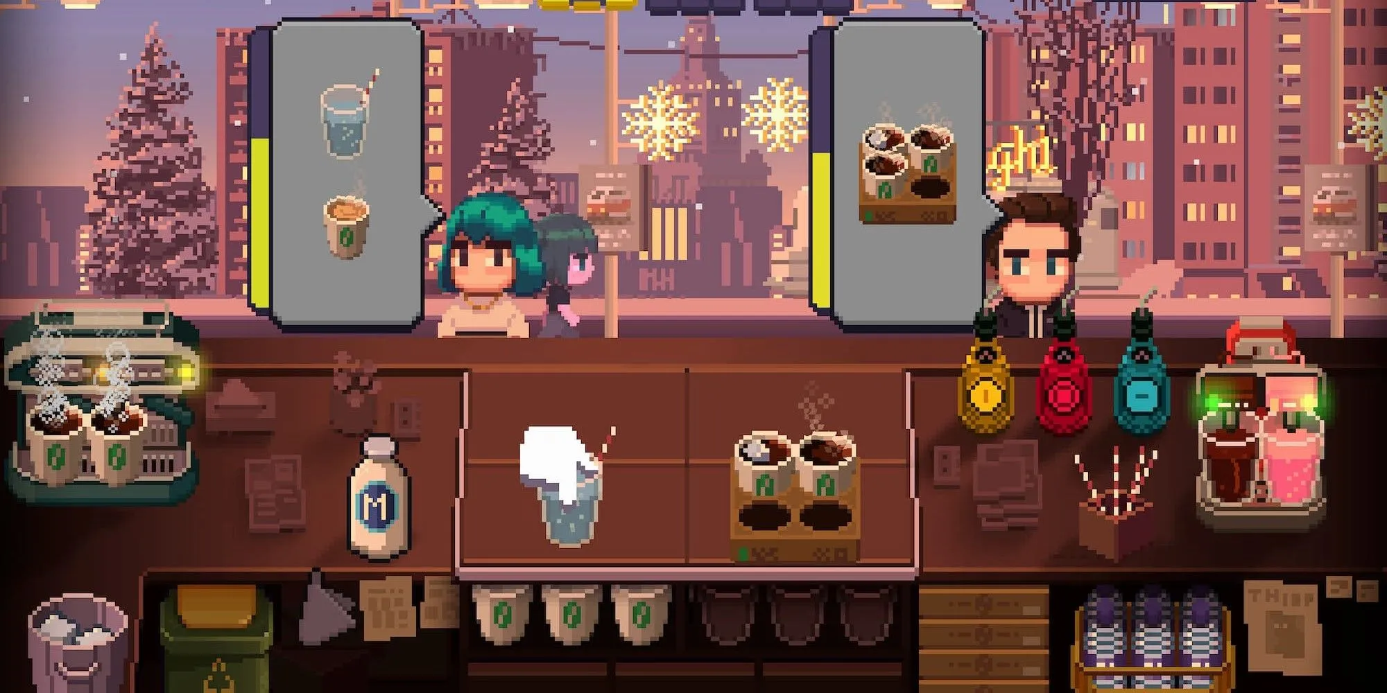 Cảnh phục vụ khách hàng trong quán cà phê với đồ họa pixel độc đáo của Pixel Café