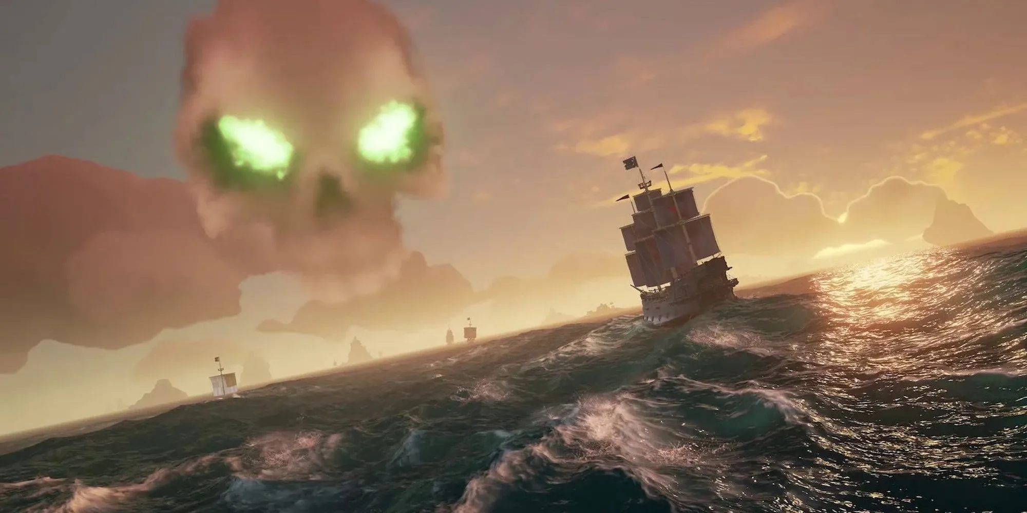 Cảnh quan hùng vĩ trong Sea of Thieves với bầu trời hình đầu lâu