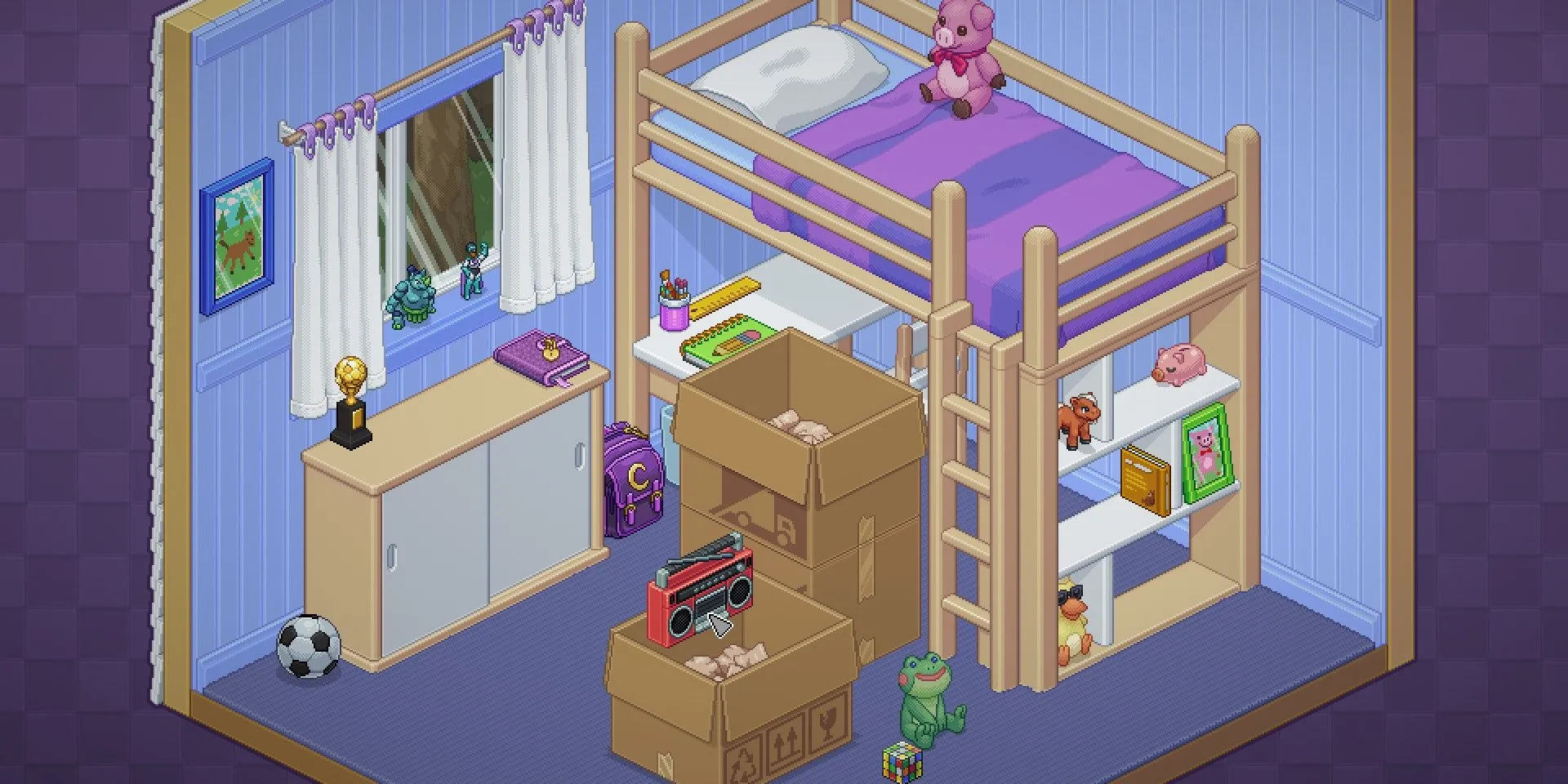 Cảnh sắp xếp đồ đạc trong phòng ngủ game Unpacking