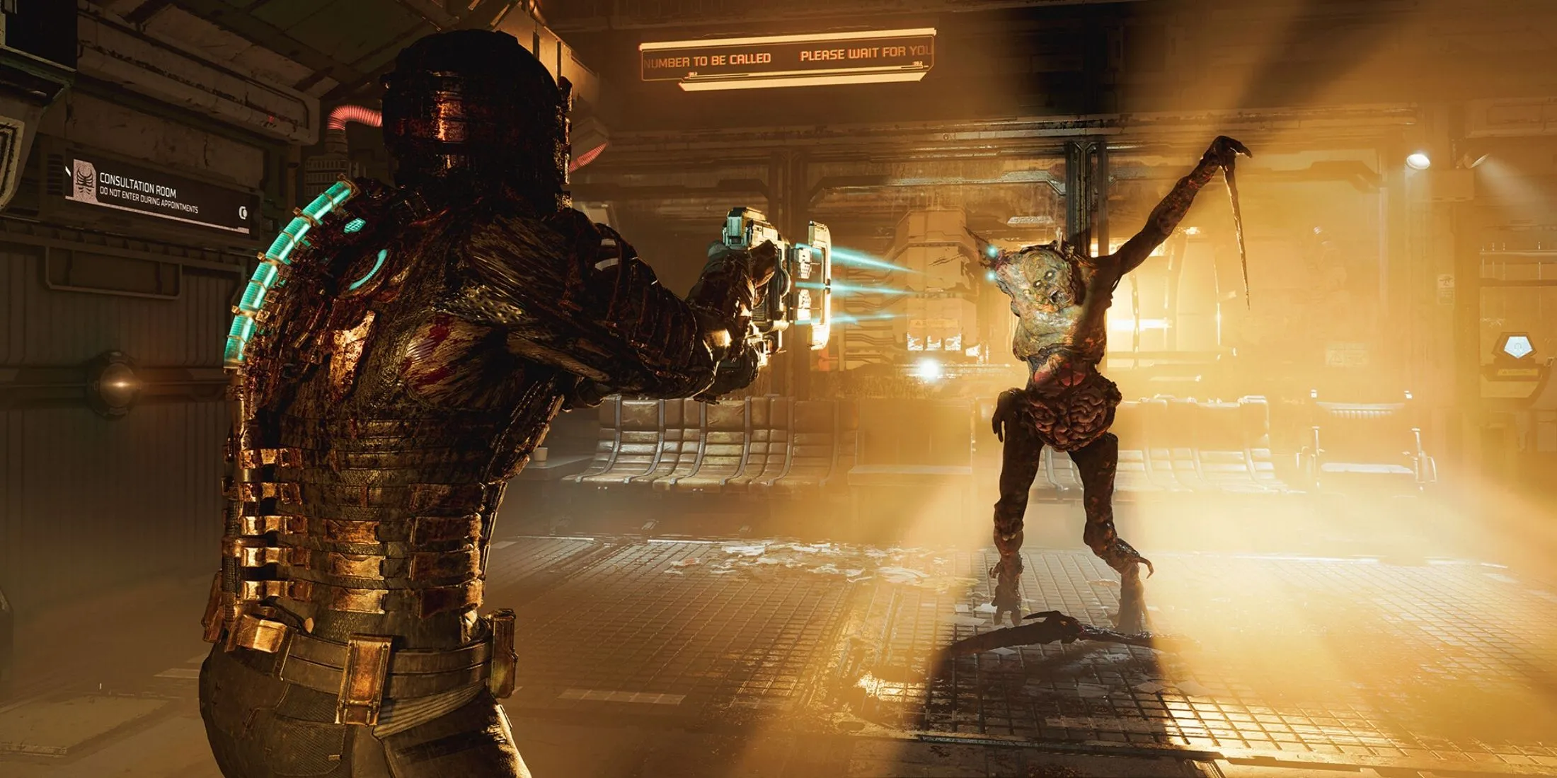 Cảnh trong Dead Space Remake hiển thị Isaac Clarke đối mặt với quái vật Necromorph