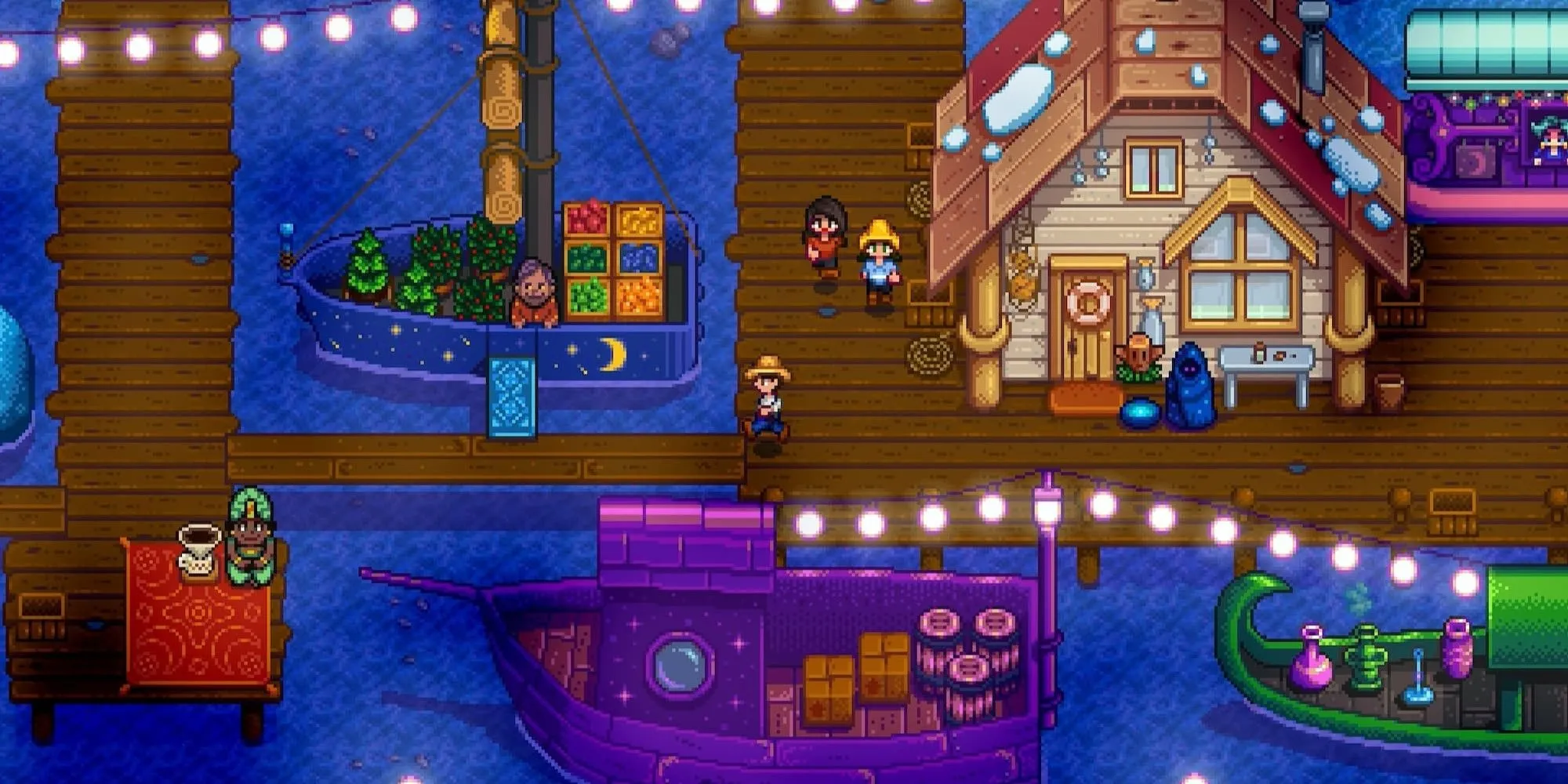 Chiếc thuyền màu tím ở bãi biển trong Stardew Valley