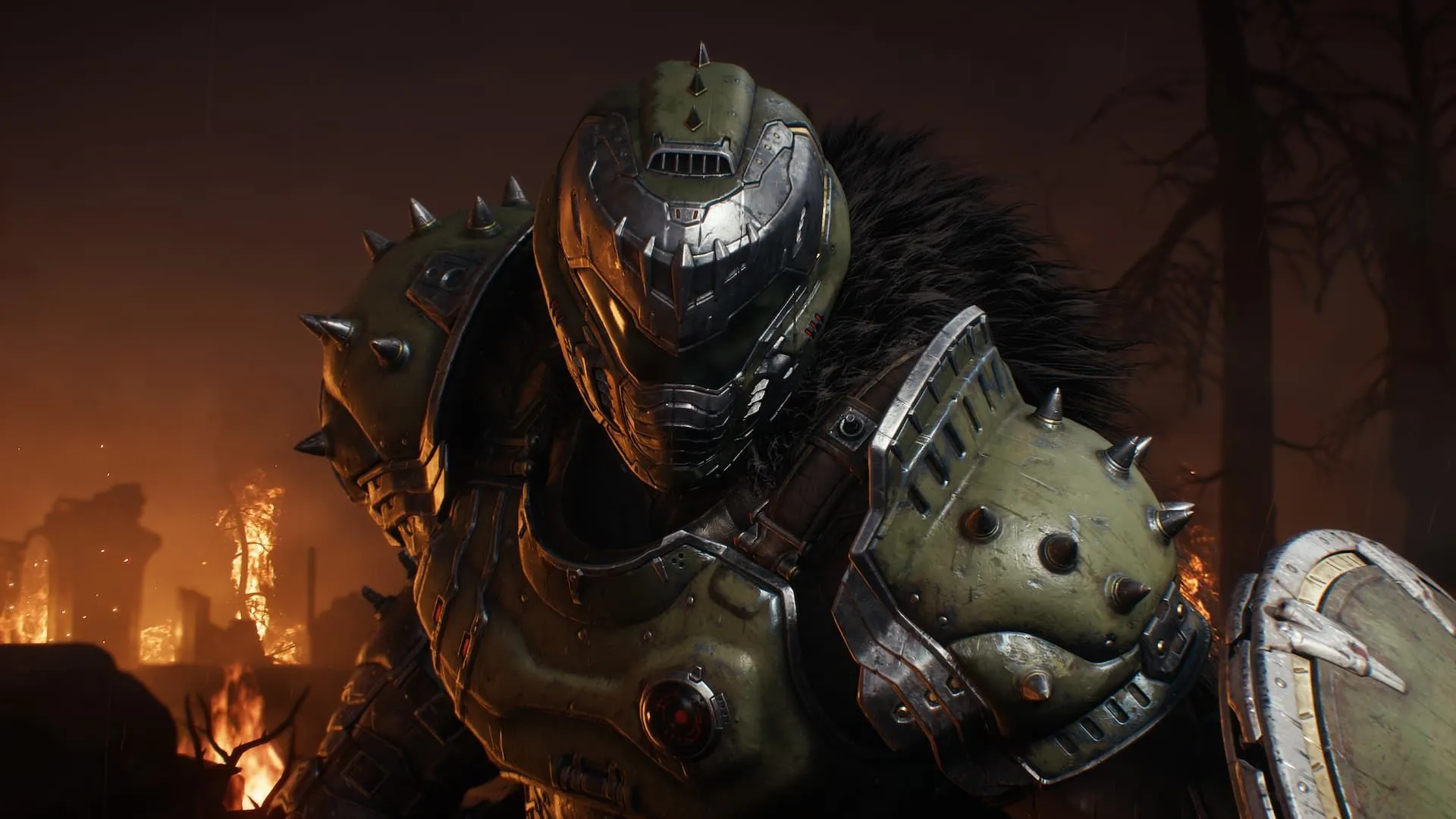 Chiến binh Slayer trong DOOM: The Dark Ages cầm khiên, một tựa game hỗ trợ Xbox Play Anywhere.