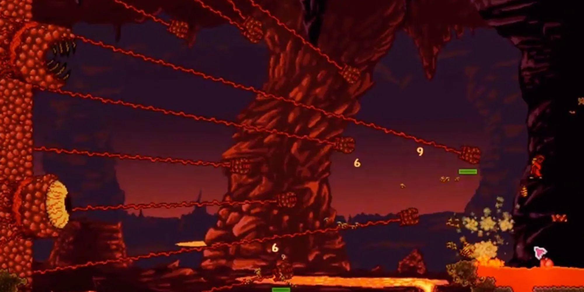 Chống lại boss Wall of Flesh trong Terraria ở khu vực Địa Ngục