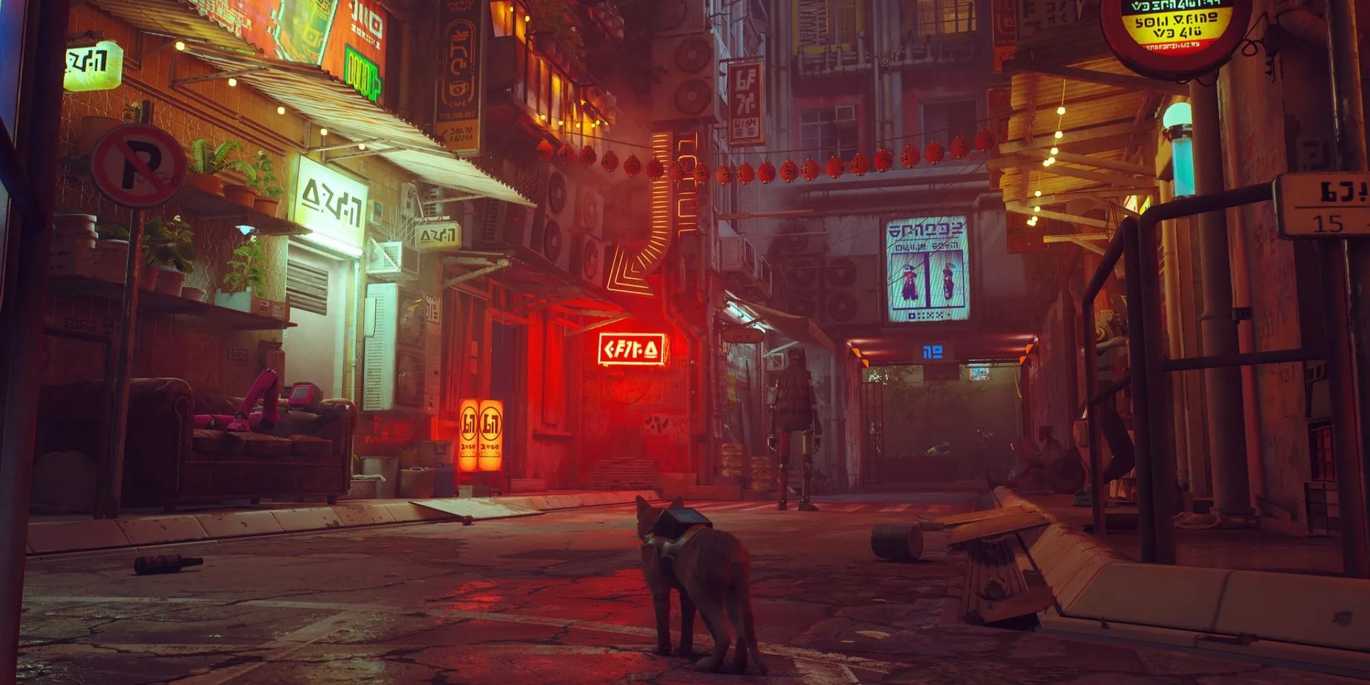 Chú mèo nhân vật chính đi giữa con phố cyberpunk trong Stray
