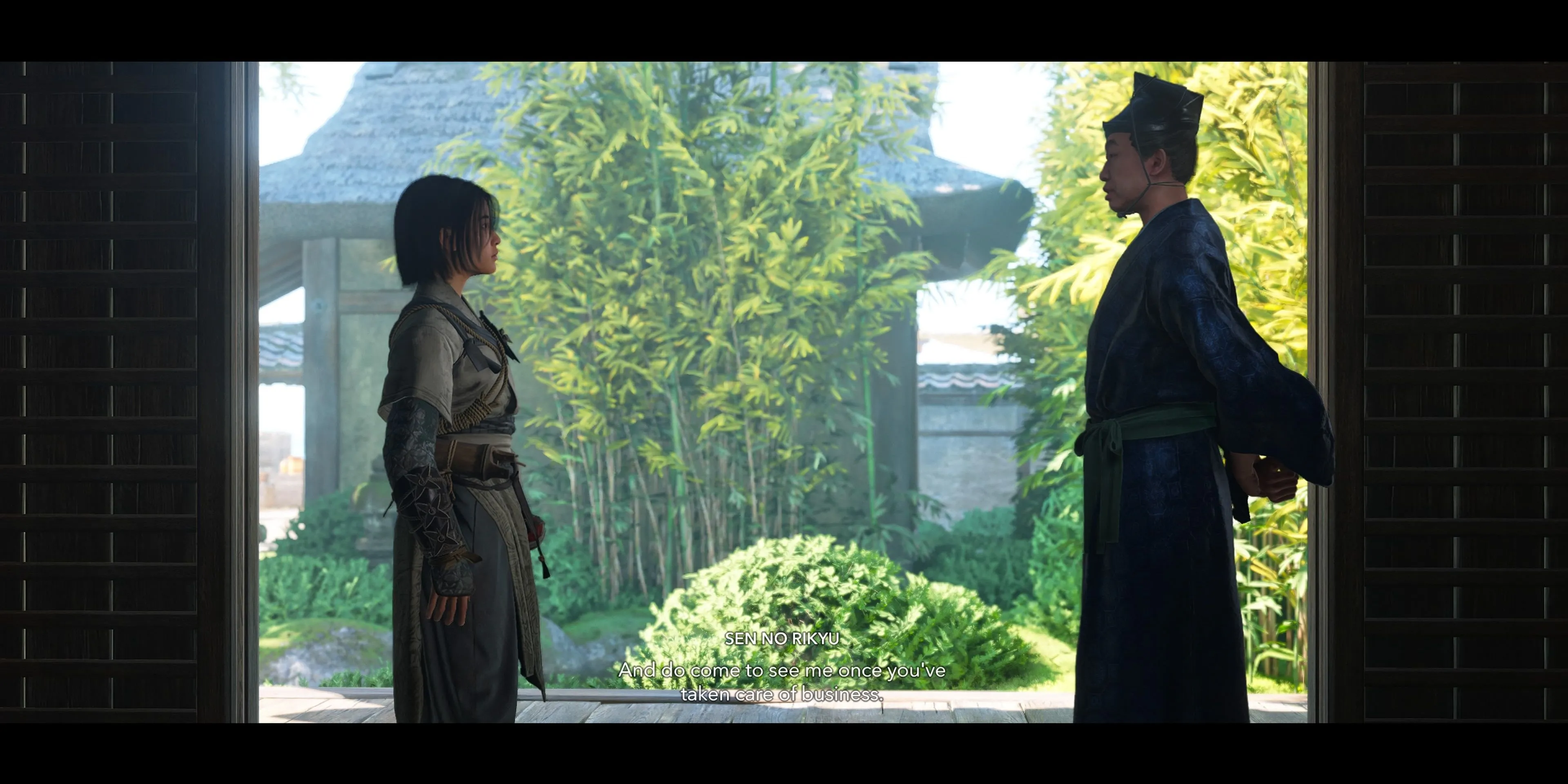 Chuyên gia trà đạo Sen No Rikyu đang trò chuyện cùng Naoe trong Assassin's Creed Shadows