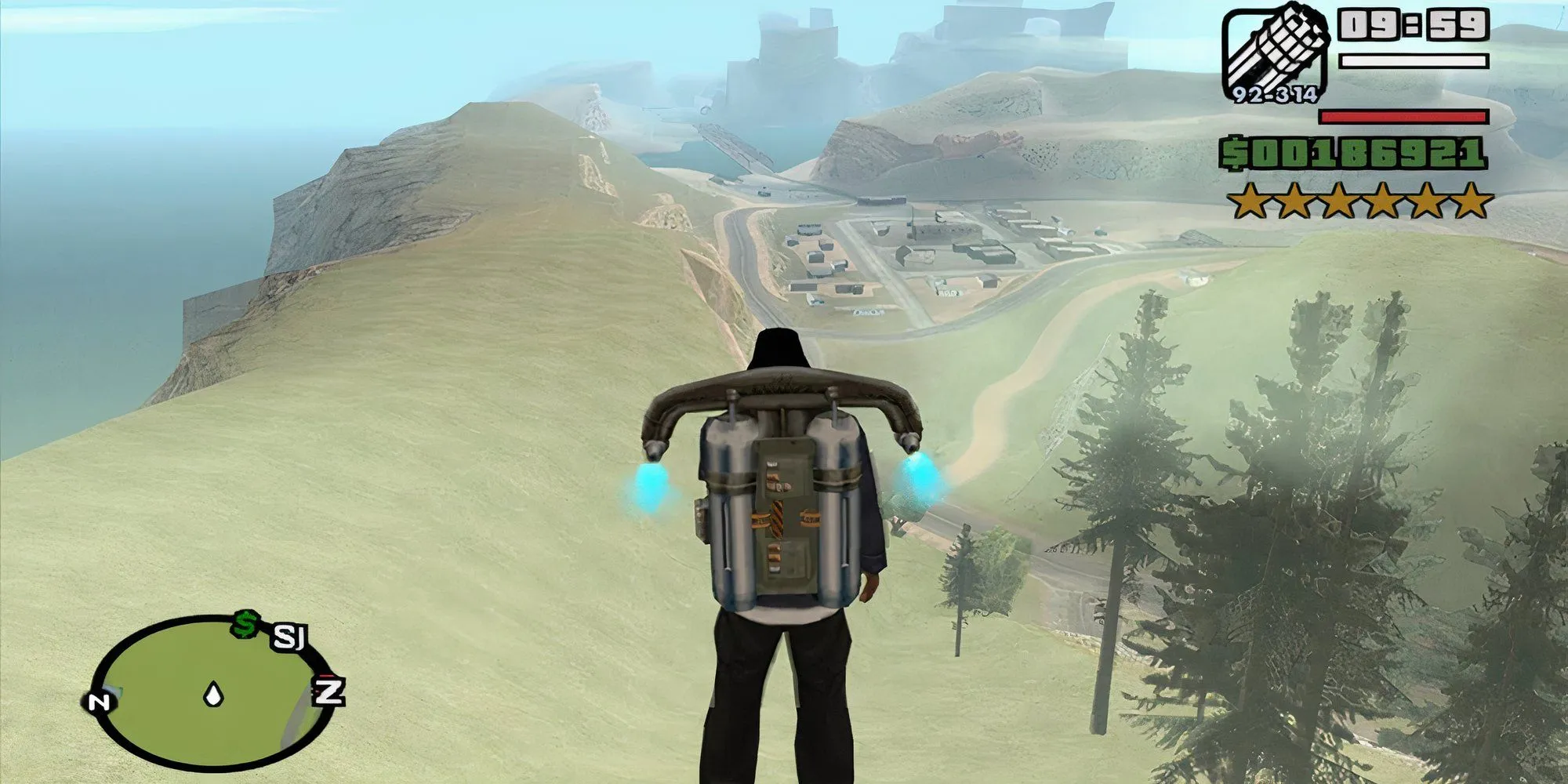 CJ đeo Jetpack nhờ mã cheat ROCKETMAN trong GTA San Andreas