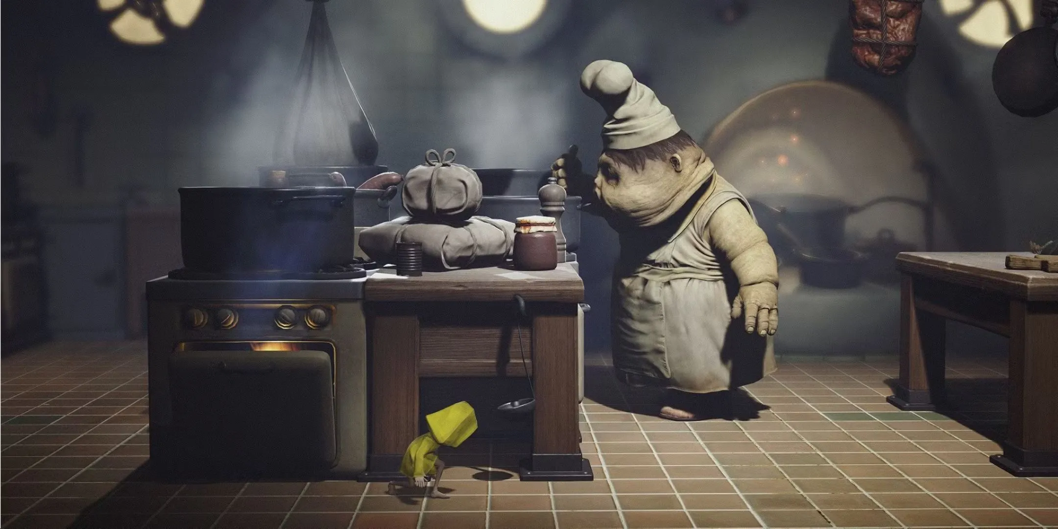 Cô bé Six trong Little Nightmares đang trốn một tên đầu bếp khổng lồ
