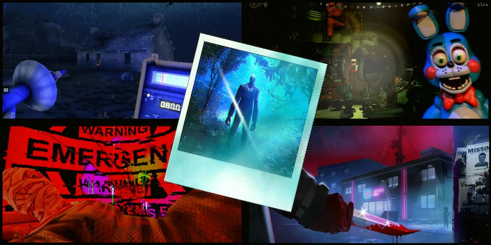 Collage các game kinh dị không có chiến đấu như Chasing Static, SOMA, Blackout Club, Layers of Fear