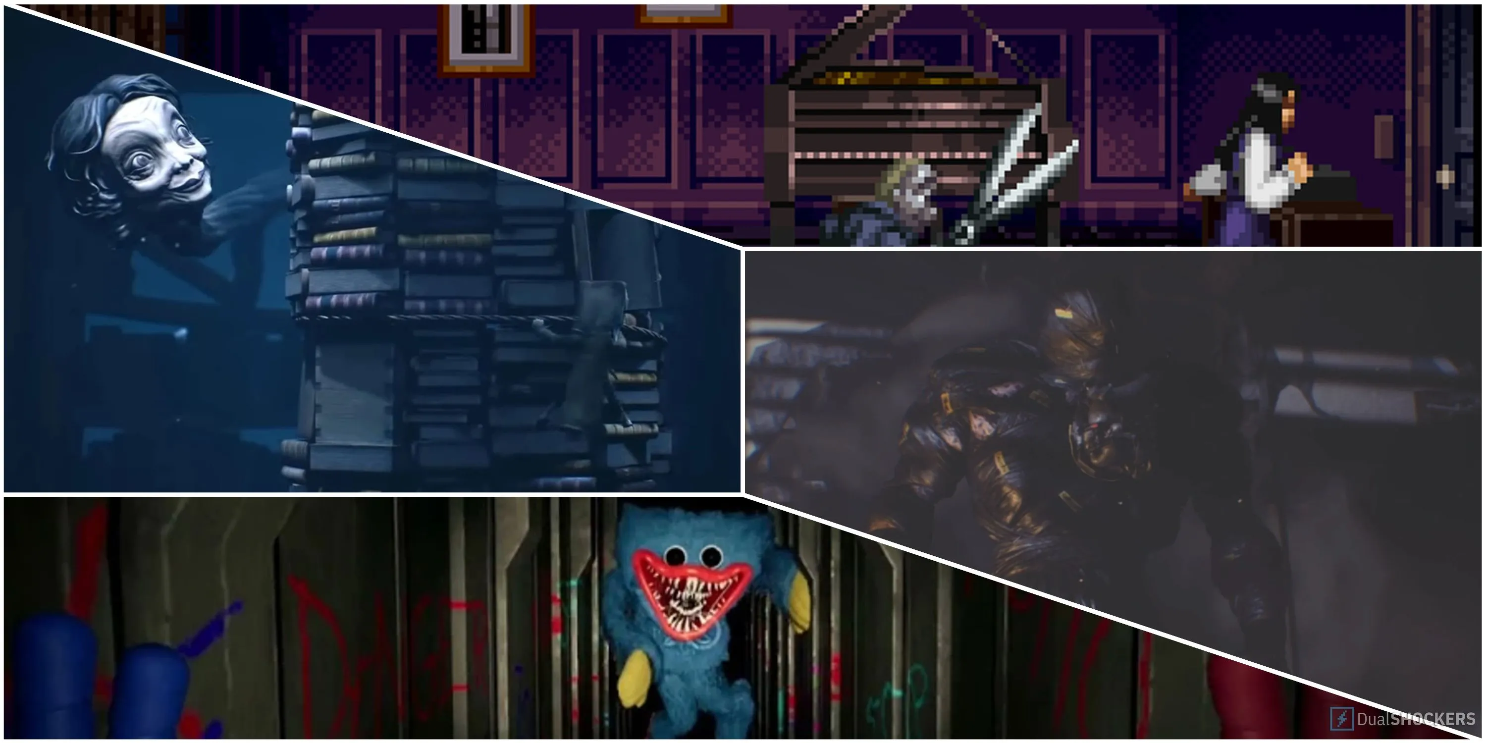 Collage các game kinh dị với cảnh rượt đuổi như Little Nightmares 2, Resident Evil 3, Poppy Playtime