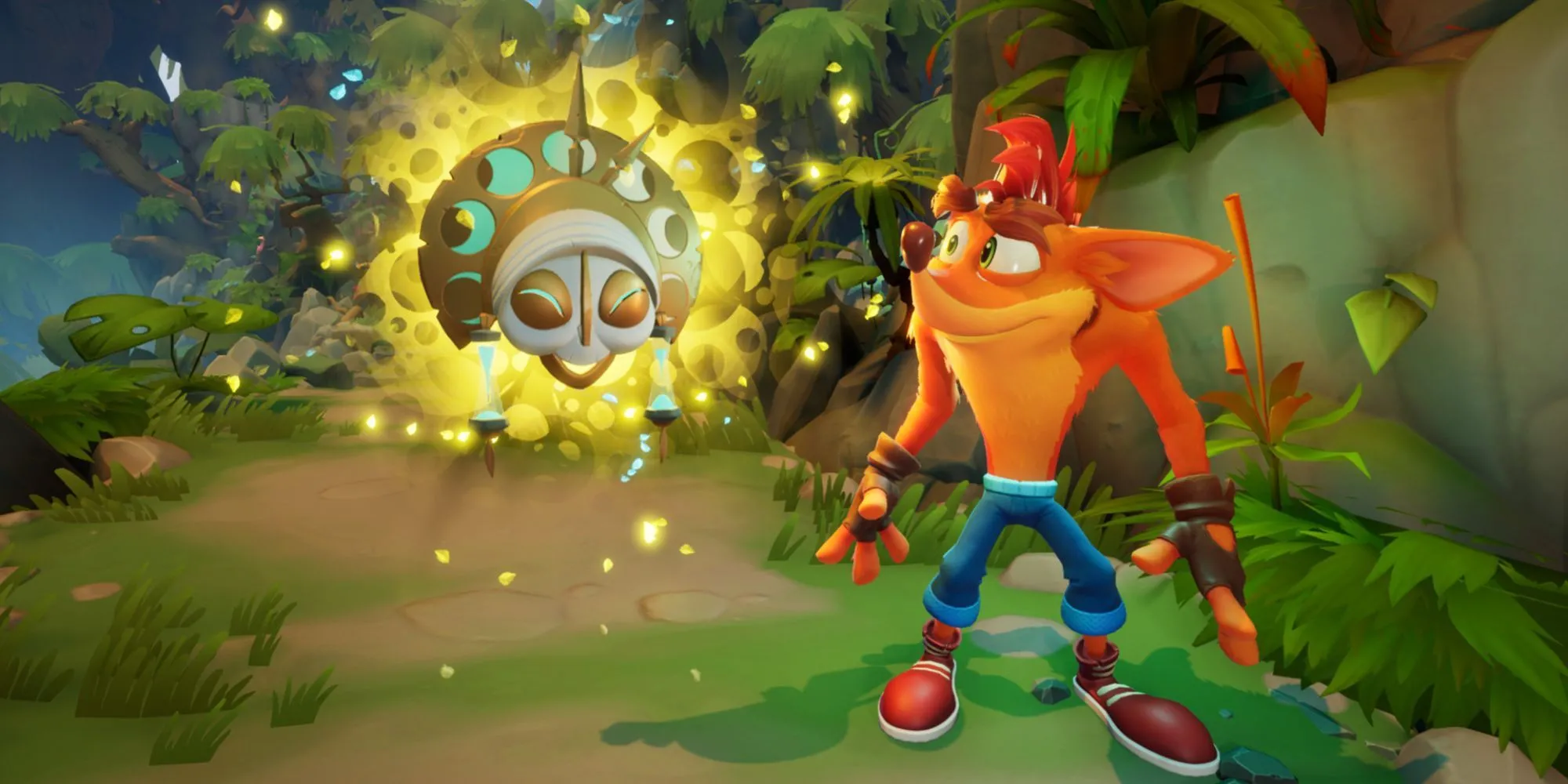 Crash Bandicoot và một mặt nạ mới với hào quang màu vàng rực rỡ trong game It's About Time