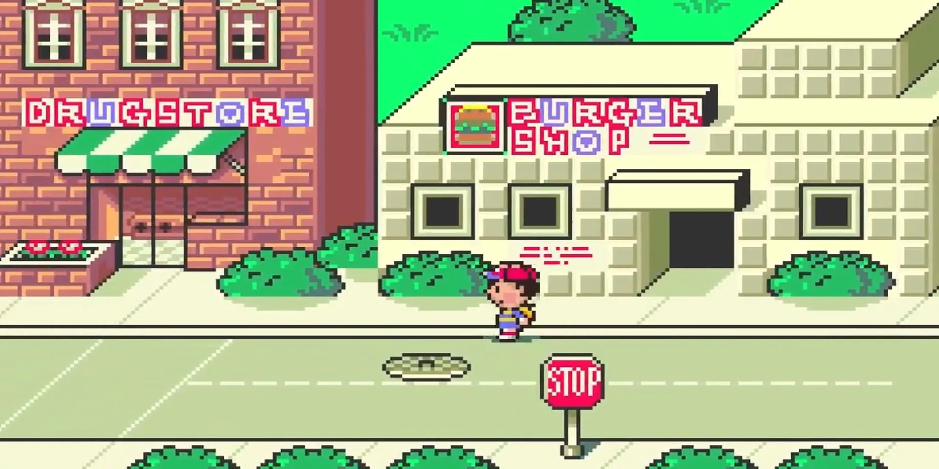 Cửa hàng thuốc và tiệm burger ở Onett trong Earthbound