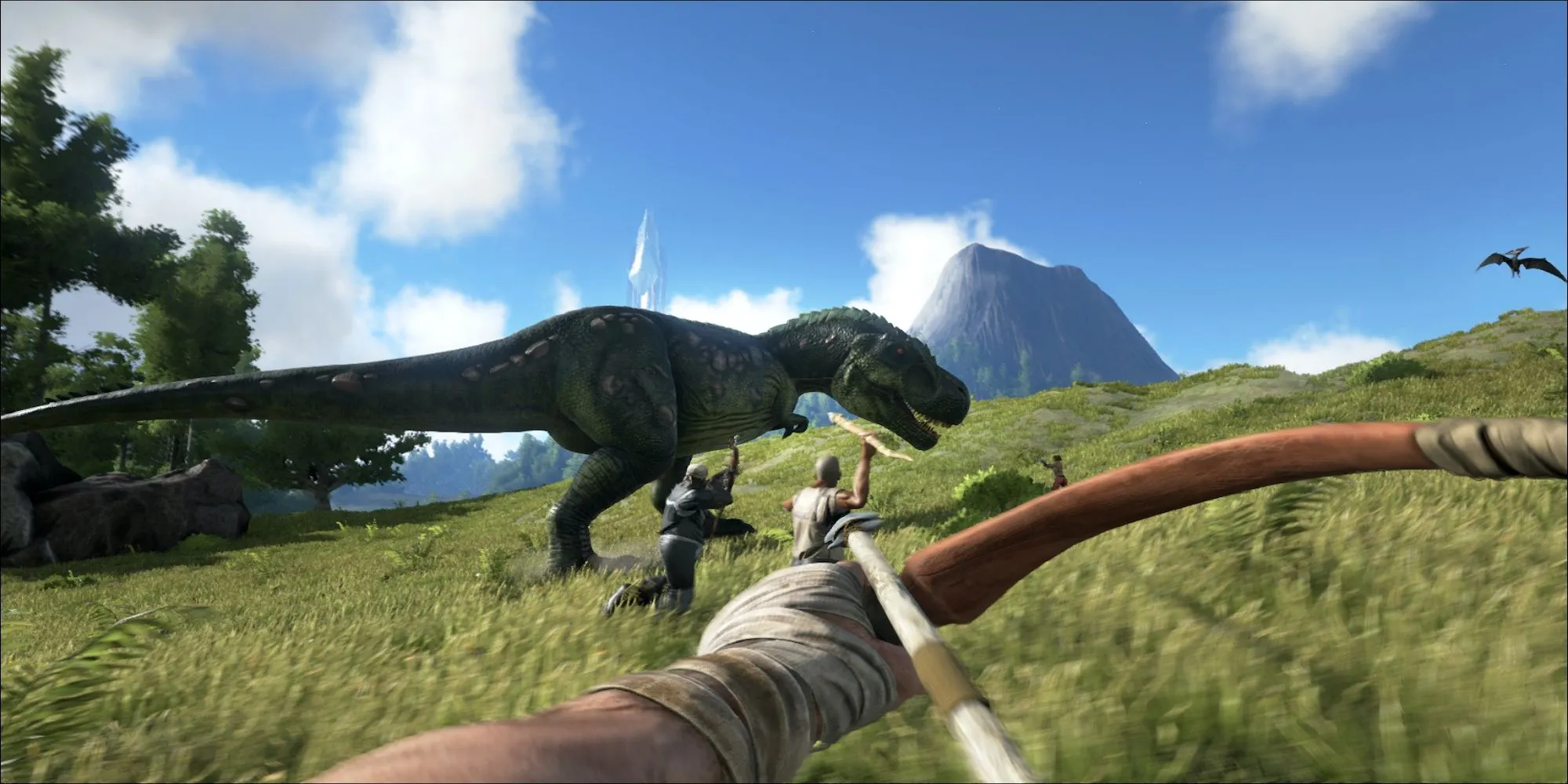Cung thủ nhắm bắn khủng long trong game sinh tồn ARK: Survival Evolved