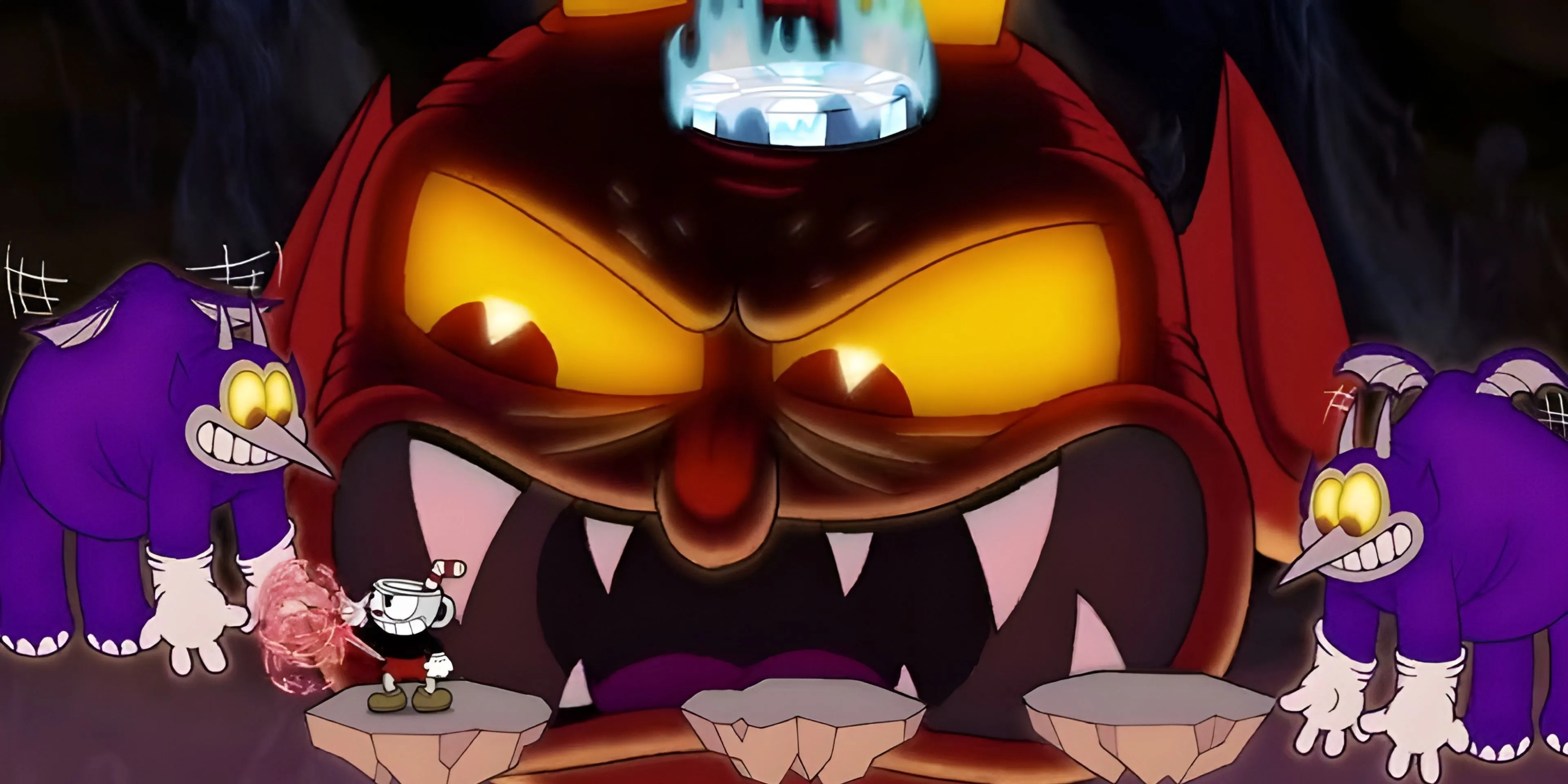 Cuphead và Mugman trong trận đấu boss với The Devil đầy màu sắc và thử thách