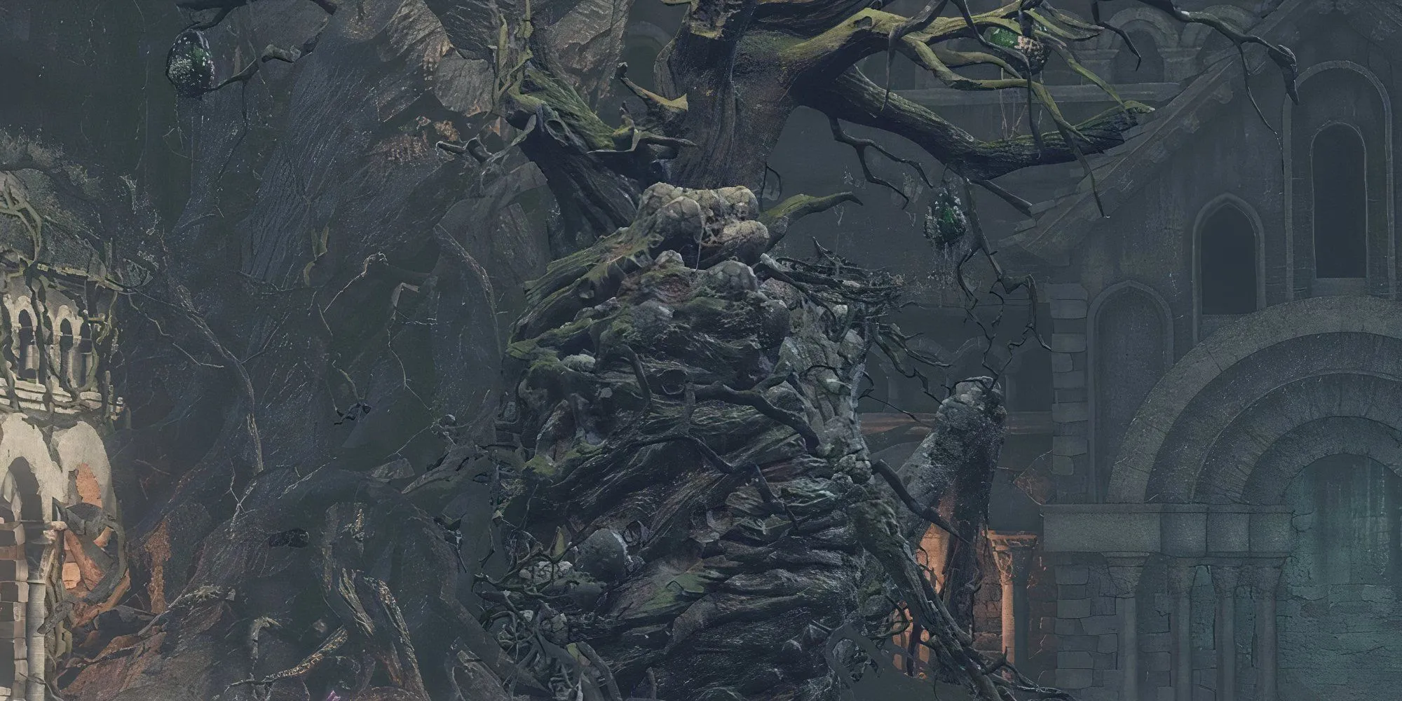 Curse-Rotted Greatwood trong Dark Souls 3 với những bọc trứng dễ vỡ trên thân và tay chân.