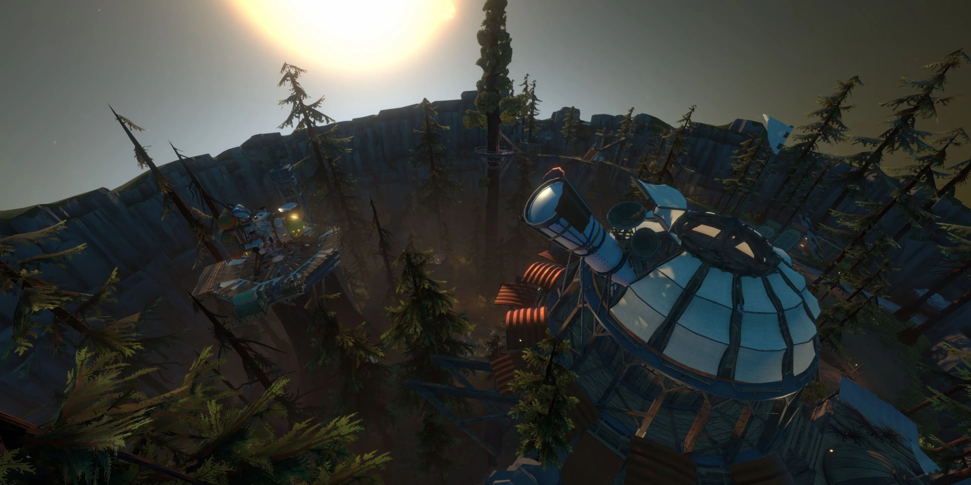 Đài quan sát trên hành tinh Timber Hearth trong game Outer Wilds, nơi người chơi bắt đầu khám phá cốt truyện ẩn
