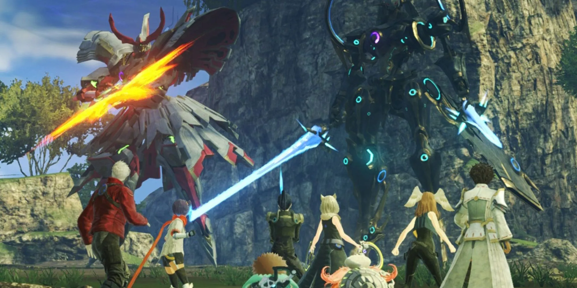 Dàn nhân vật chính trong Xenoblade Chronicles 3 đứng cùng nhau trên một ngọn đồi hùng vĩ.