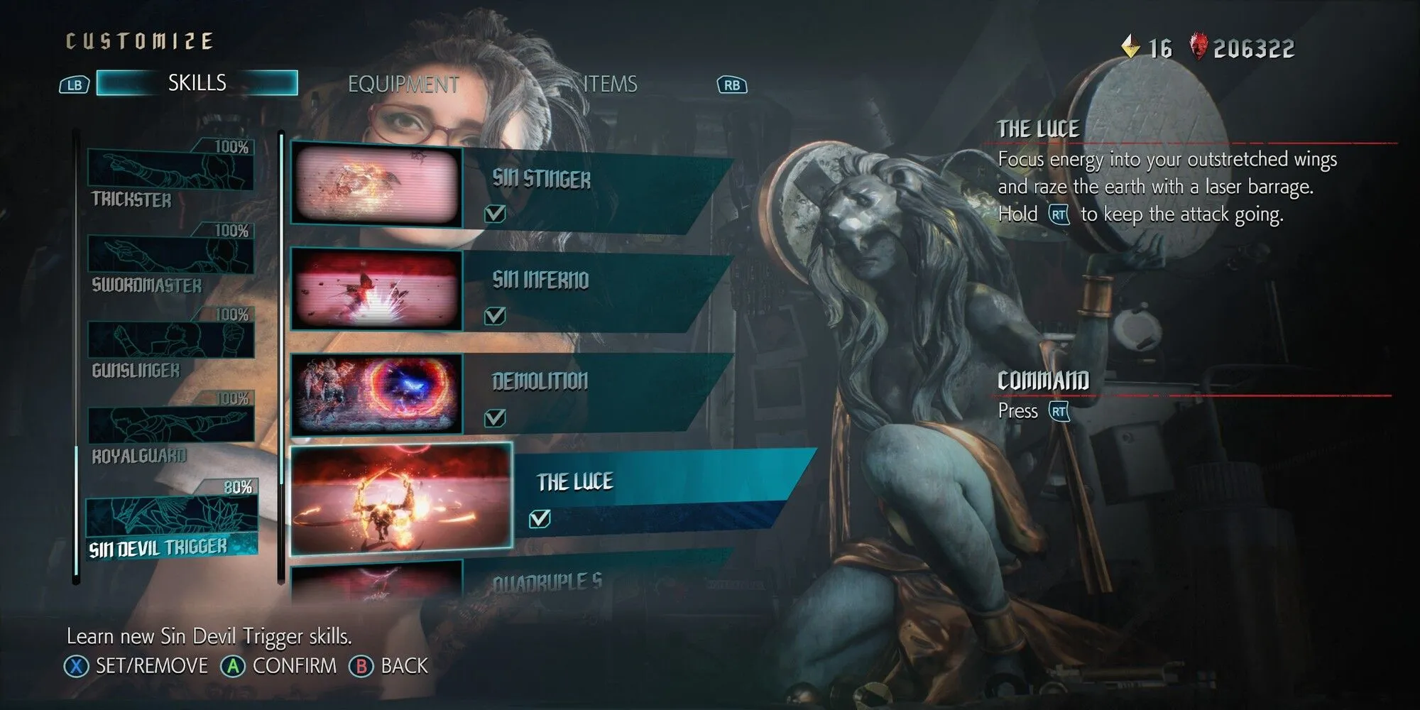 Dante sử dụng kỹ năng The Luce trong trạng thái Sin Devil Trigger, phóng ra các tia laser dẫn đường trong DMC5