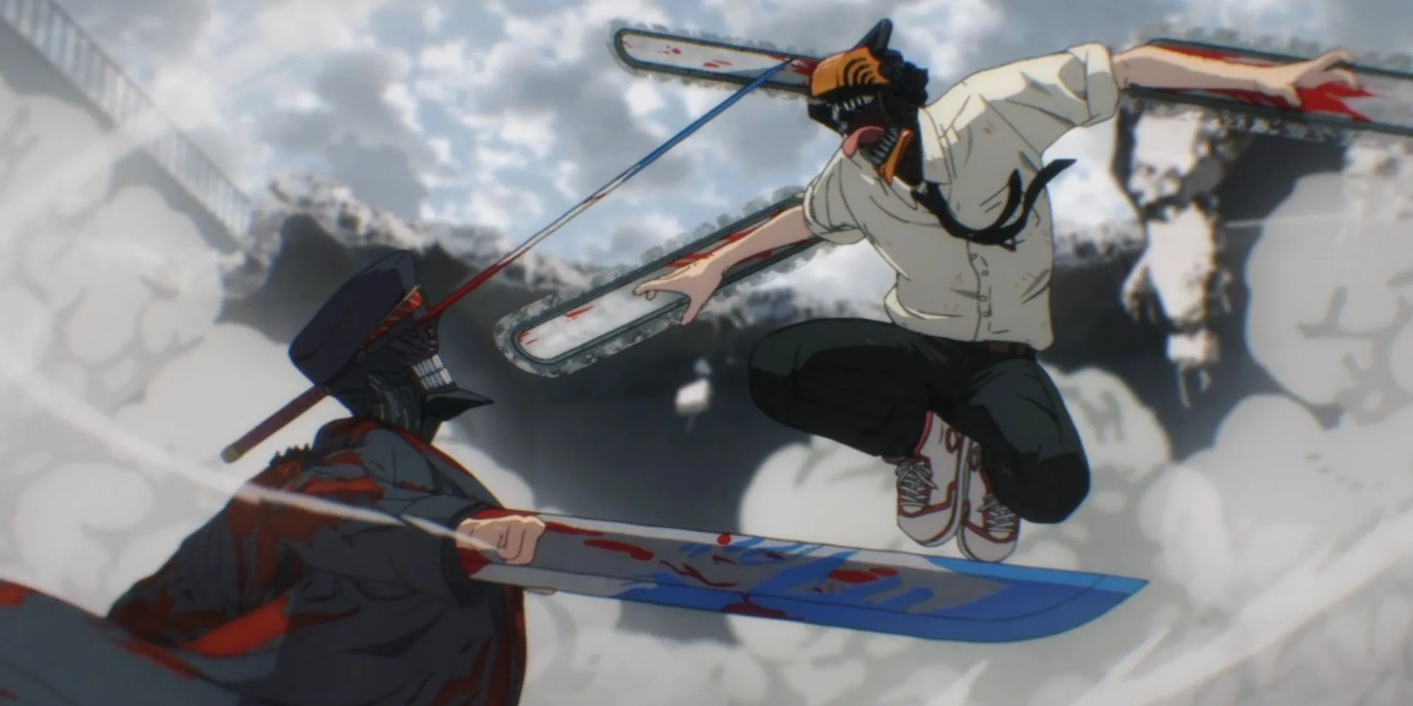 Denji trong lốt Chainsaw Man đối đầu Katana Man trong một trận chiến đẫm máu