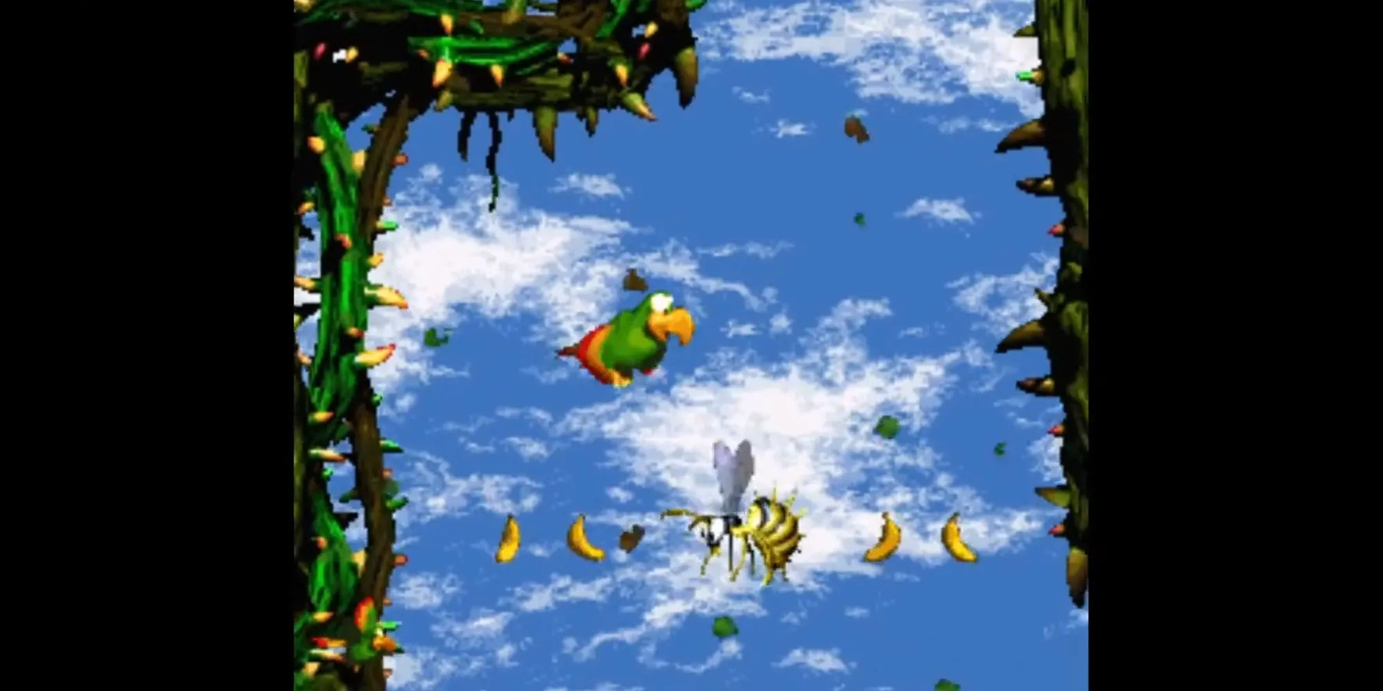 Diddy Kong và Dixie Kong di chuyển qua màn chơi nguy hiểm trong Donkey Kong Country 2: Diddy's Kong Quest trên SNES.