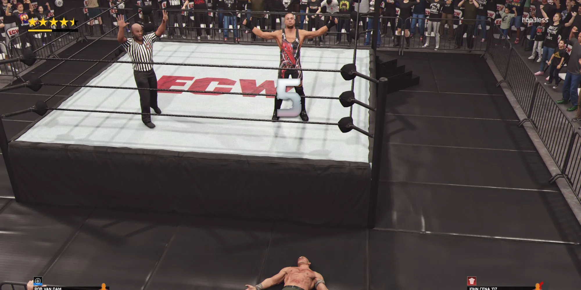 Đô vật Rob Van Dam (RVD) tạo dáng đặc trưng trên võ đài WWE 2K25