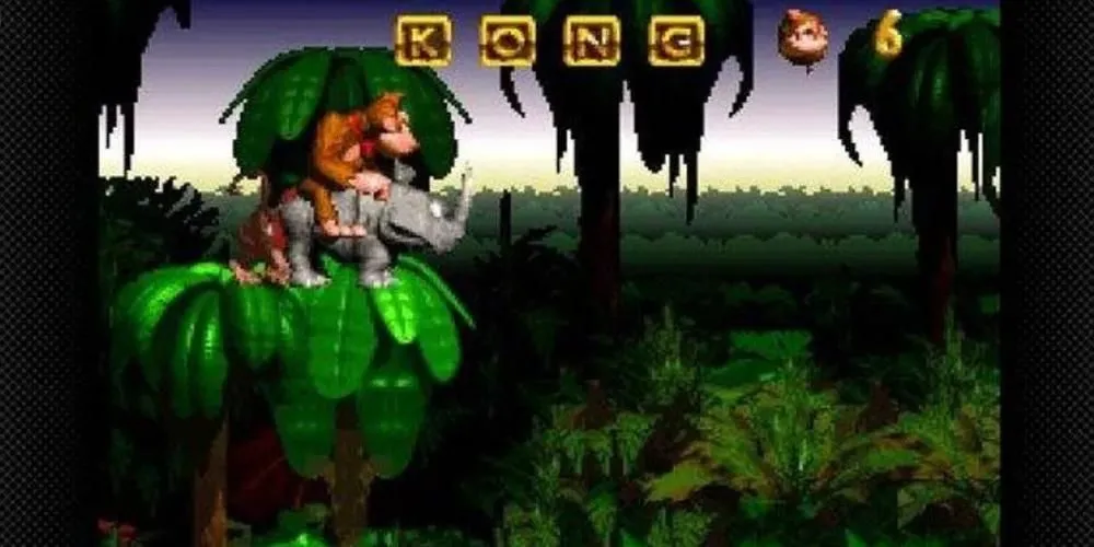 Donkey Kong cưỡi tê giác Rambi cùng Diddy Kong trong rừng rậm Donkey Kong Country