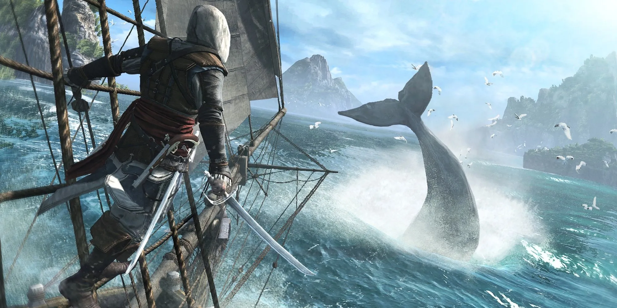 Edward Kenway trên con tàu Jackdaw, ngắm nhìn cá voi từ boong tàu trong bối cảnh biển Caribbean của Assassin's Creed 4: Black Flag.