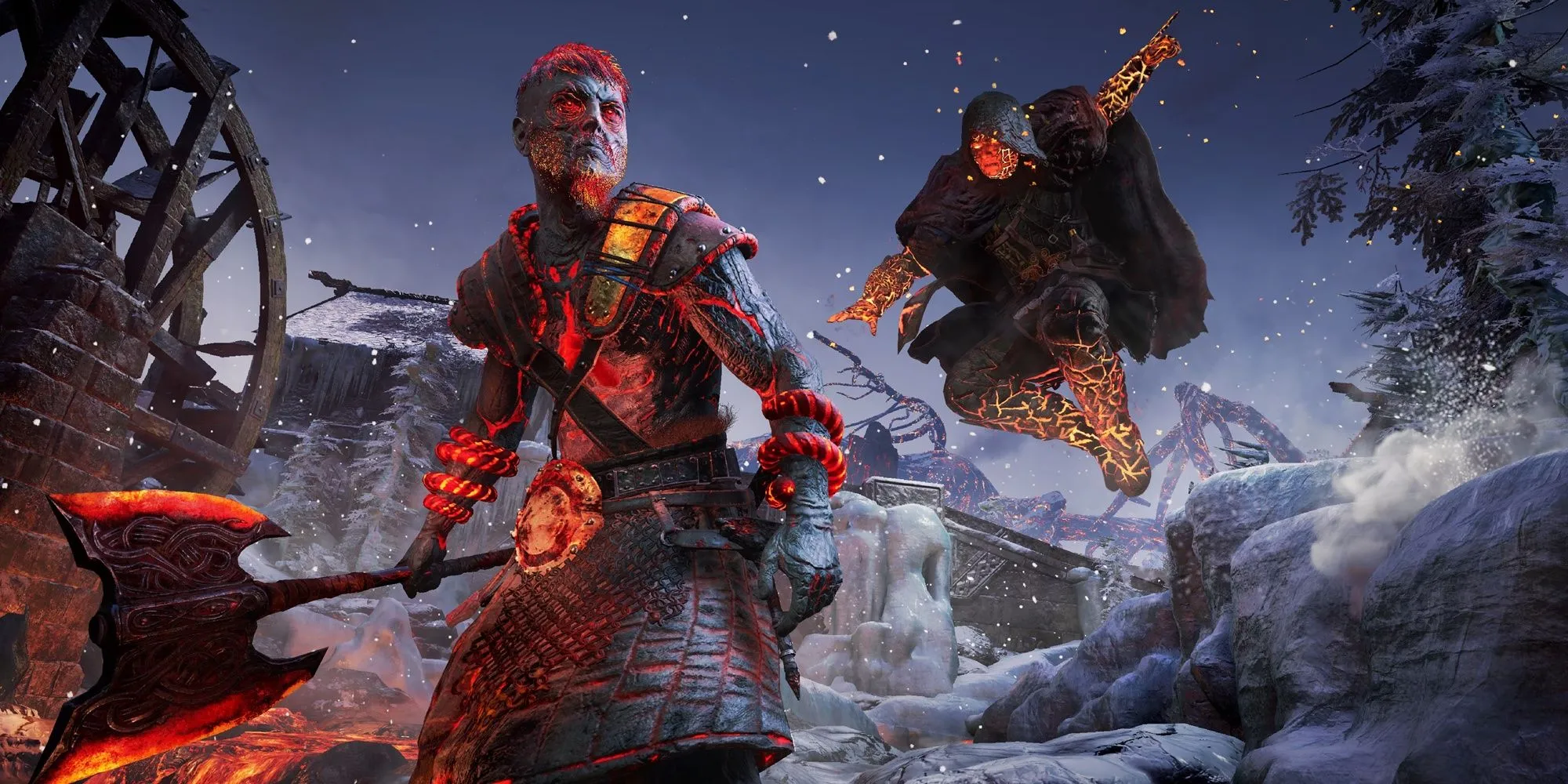 Eivor đang nhảy xuống tấn công kẻ địch trong bối cảnh Asgard của Assassin's Creed Valhalla: Dawn of Ragnarök, thể hiện yếu tố thần thoại Bắc Âu.